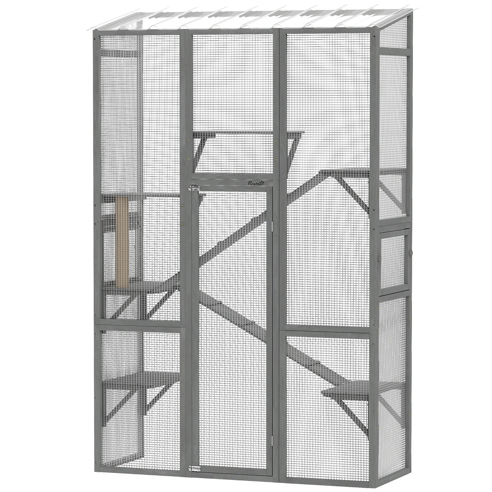 PawHut Outdoor Catio Cat Enclosure, Large Wooden Cat House with 6 Jumping Platforms, Scratching Post, 2 Ramps, for 2-3 Kittens