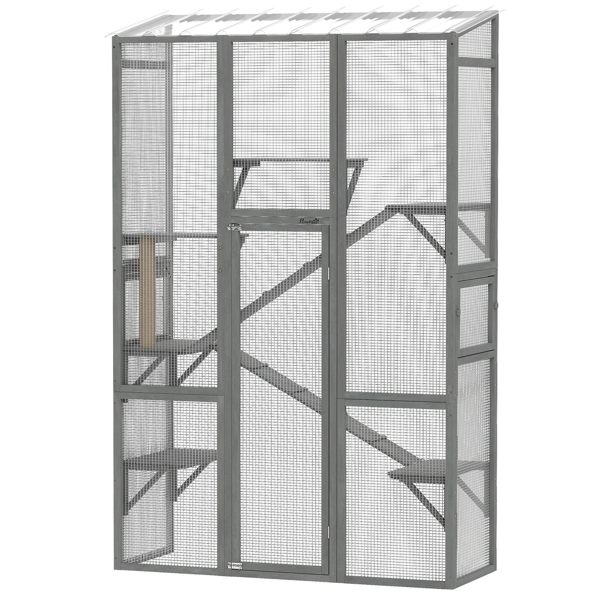 PawHut Outdoor Catio Cat Enclosure, Large Wooden Cat House with 6 Jumping Platforms, Scratching Post, 2 Ramps, for 2-3 Kittens