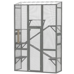 PawHut Outdoor Catio Cat Enclosure, Large Wooden Cat House with 6 Jumping Platforms, Scratching Post, 2 Ramps, for 2-3 Kittens