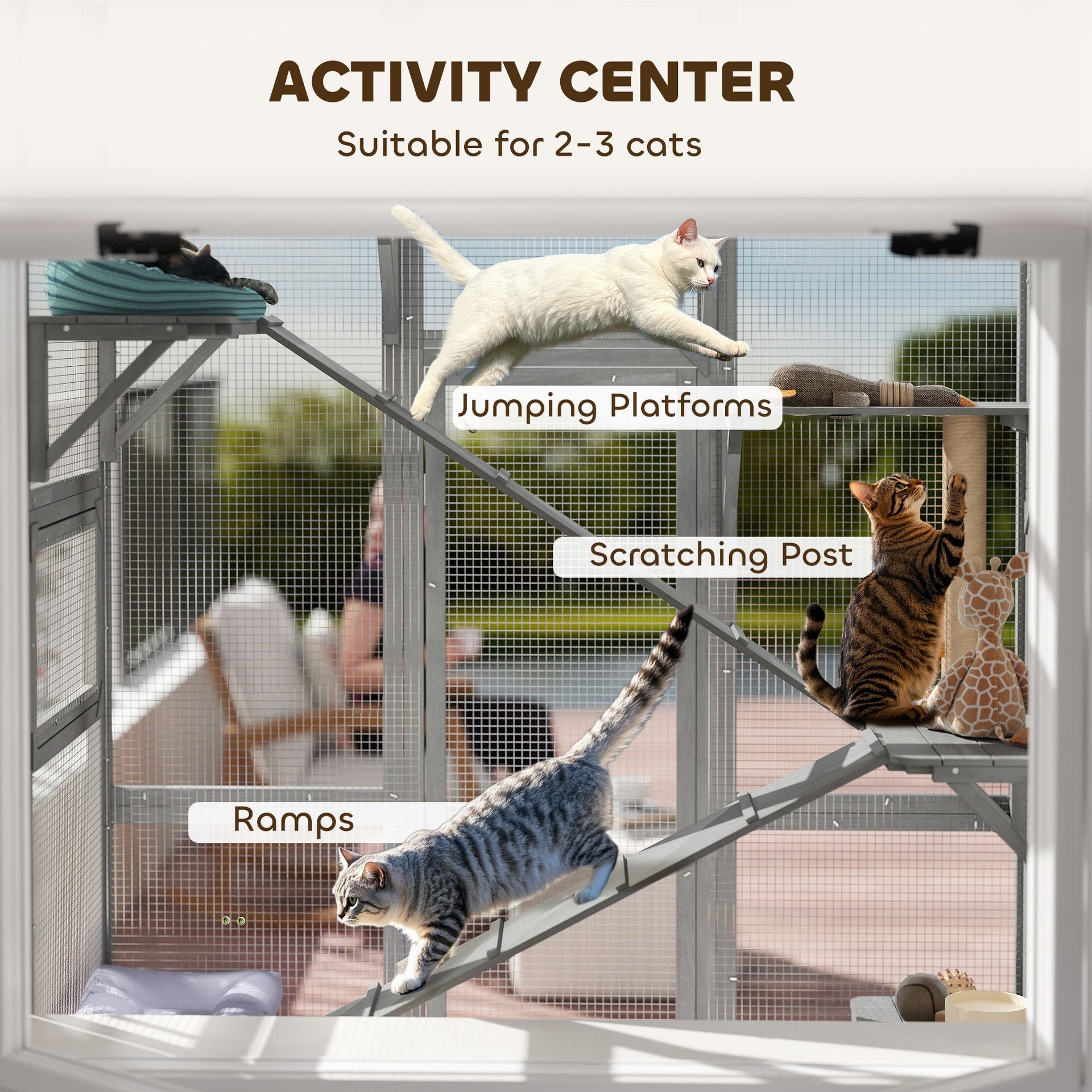 PawHut Outdoor Catio Cat Enclosure, Large Wooden Cat House with 6 Jumping Platforms, Scratching Post, 2 Ramps, for 2-3 Kittens