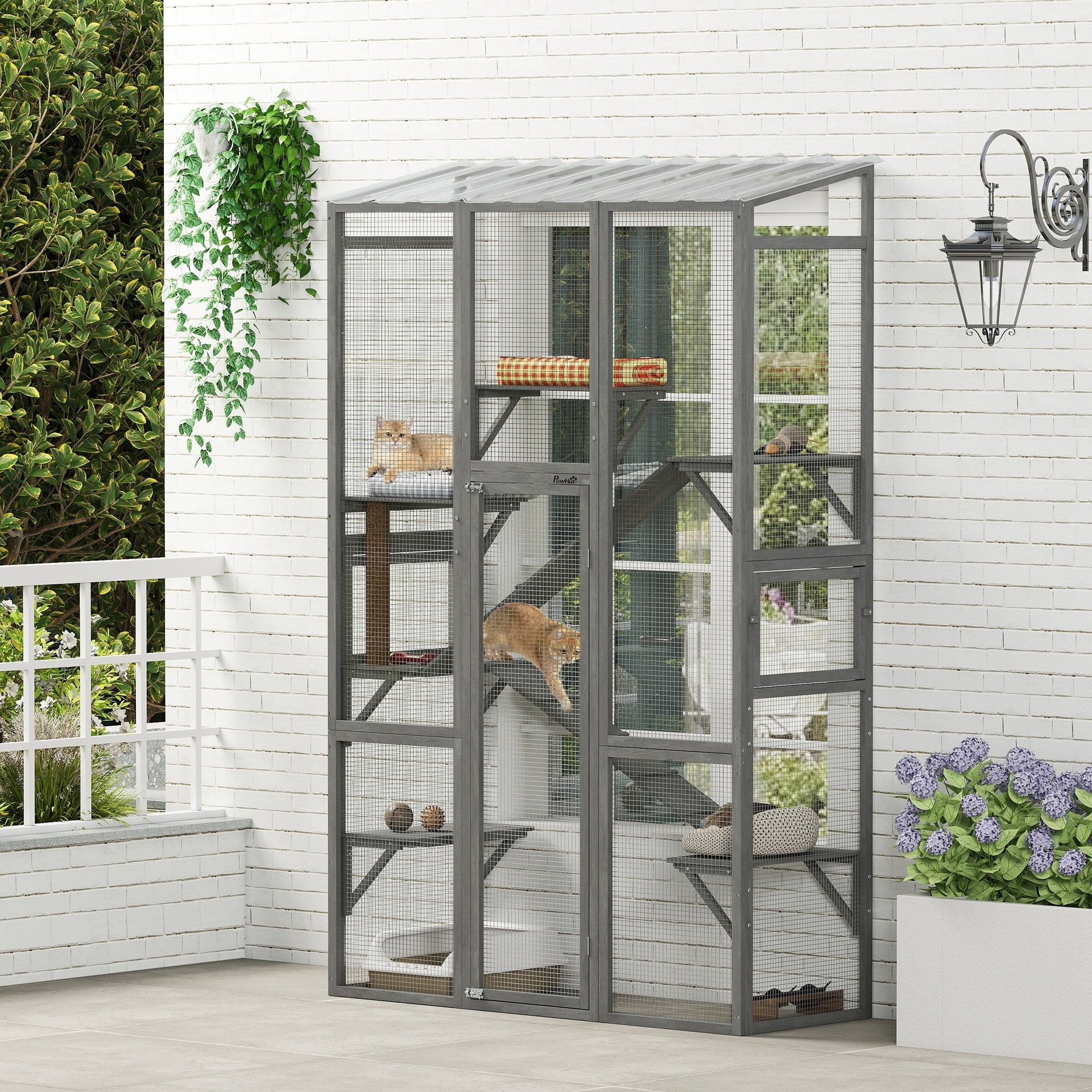 PawHut Outdoor Catio Cat Enclosure, Large Wooden Cat House with 6 Jumping Platforms, Scratching Post, 2 Ramps, for 2-3 Kittens