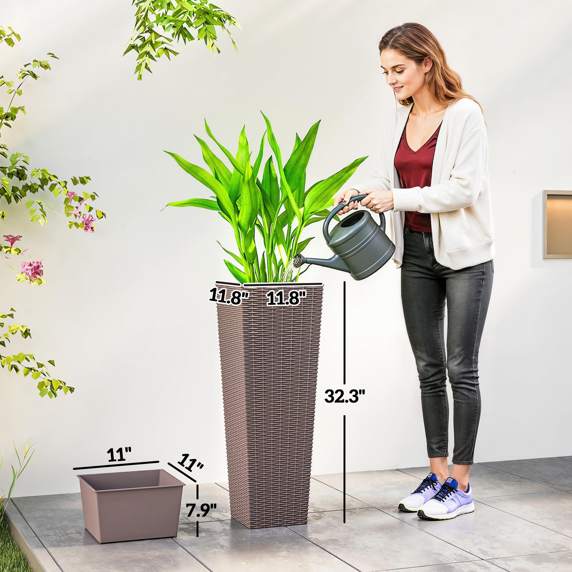 Outsunny 32 Inch Tall Planters for Outdoor Plants, Set of 2 Plastic Flower Pots with Drainage Holes, Brown