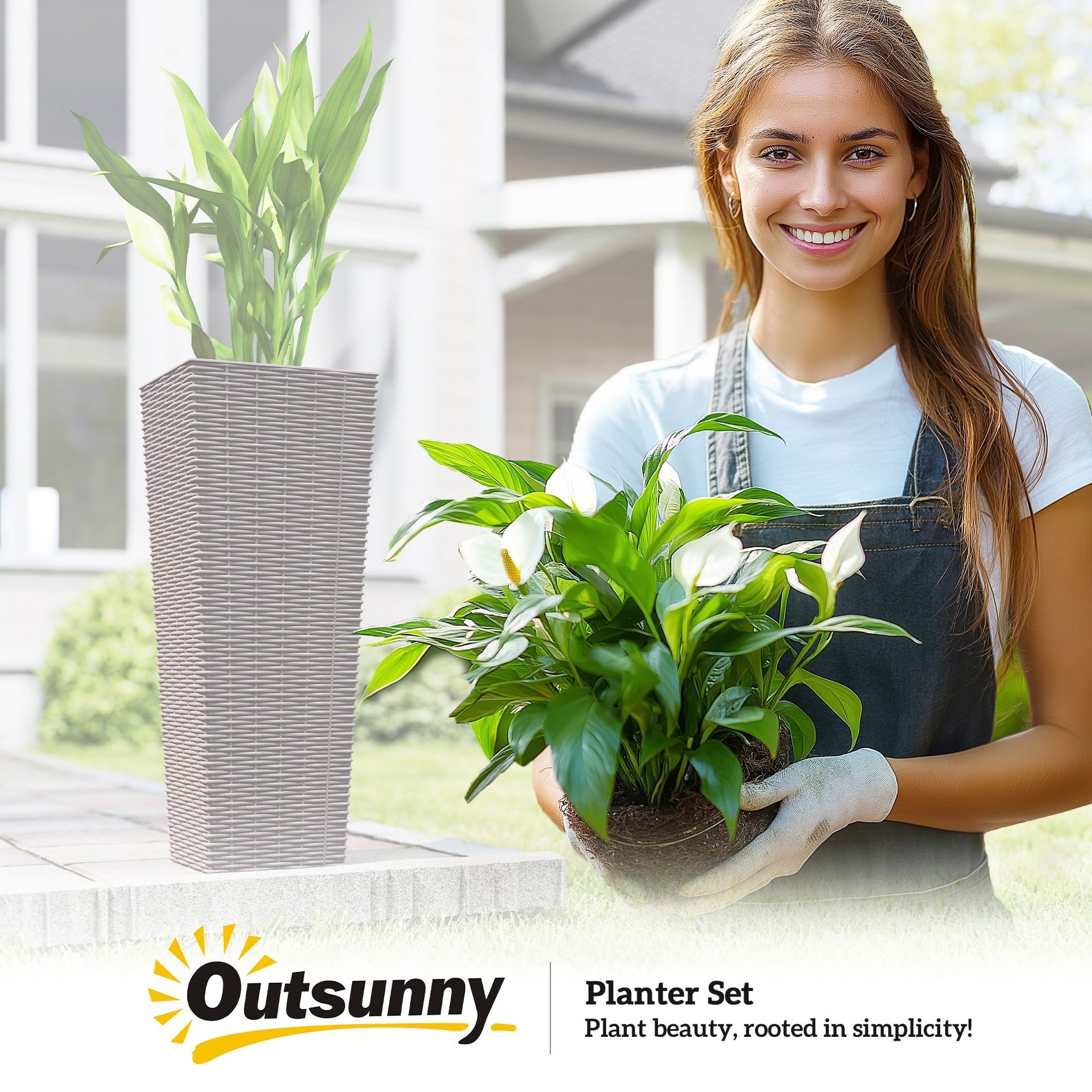 Outsunny 32 Inch Tall Planters for Outdoor Plants, Set of 2 Plastic Flower Pots with Drainage Holes, Brown