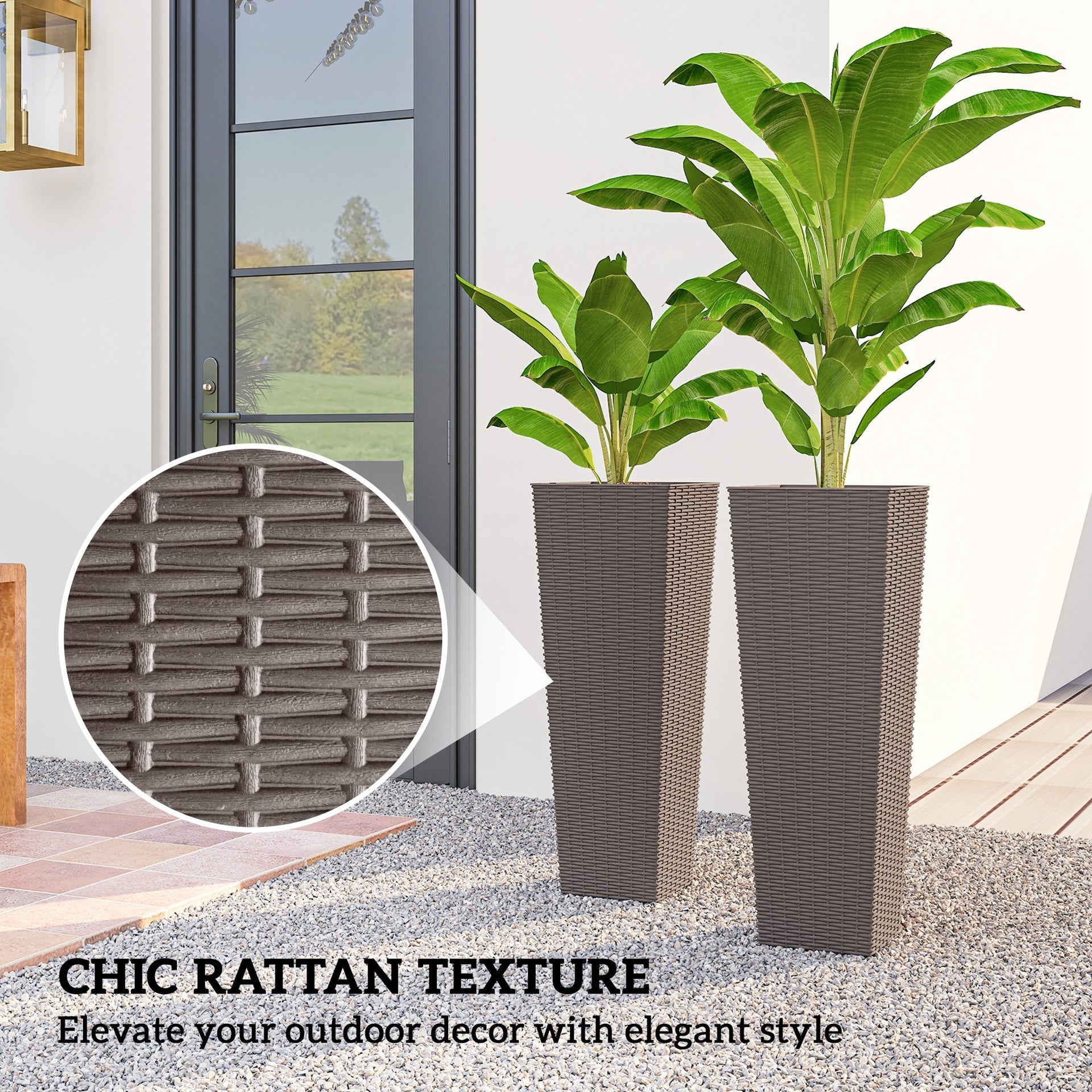 Outsunny 32 Inch Tall Planters for Outdoor Plants, Set of 2 Plastic Flower Pots with Drainage Holes, Brown