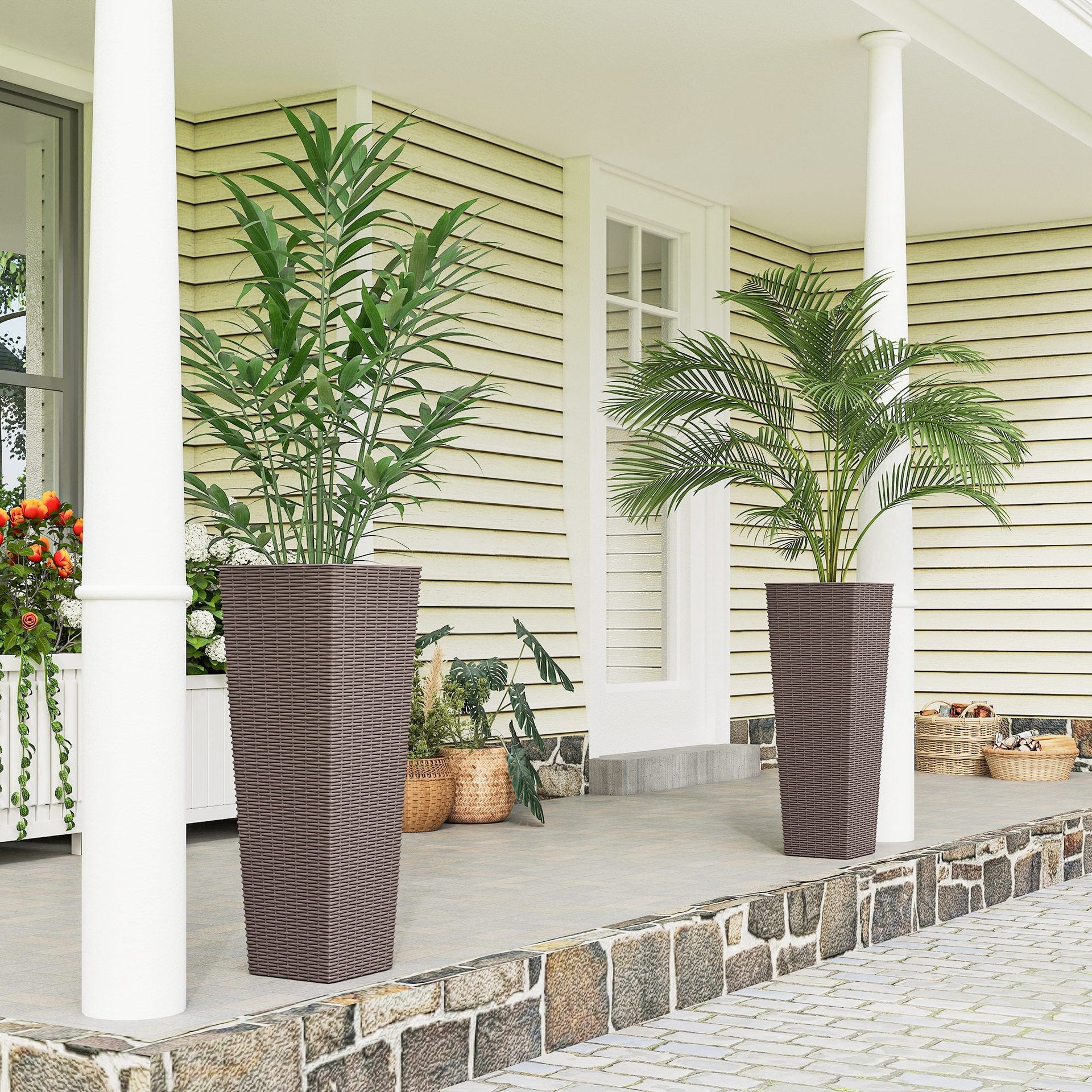 Outsunny 32 Inch Tall Planters for Outdoor Plants, Set of 2 Plastic Flower Pots with Drainage Holes, Brown