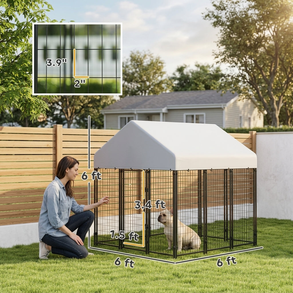PawHut Outdoor Dog Kennel with Roof, 6' x 6' x 6' Heavy Duty Welded Wire Dog Playpen Enclosure with Escape-proof Lock