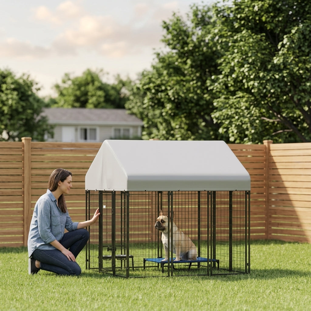 PawHut Outdoor Dog Kennel with Roof, 6' x 6' x 6' Heavy Duty Welded Wire Dog Playpen Enclosure with Escape-proof Lock