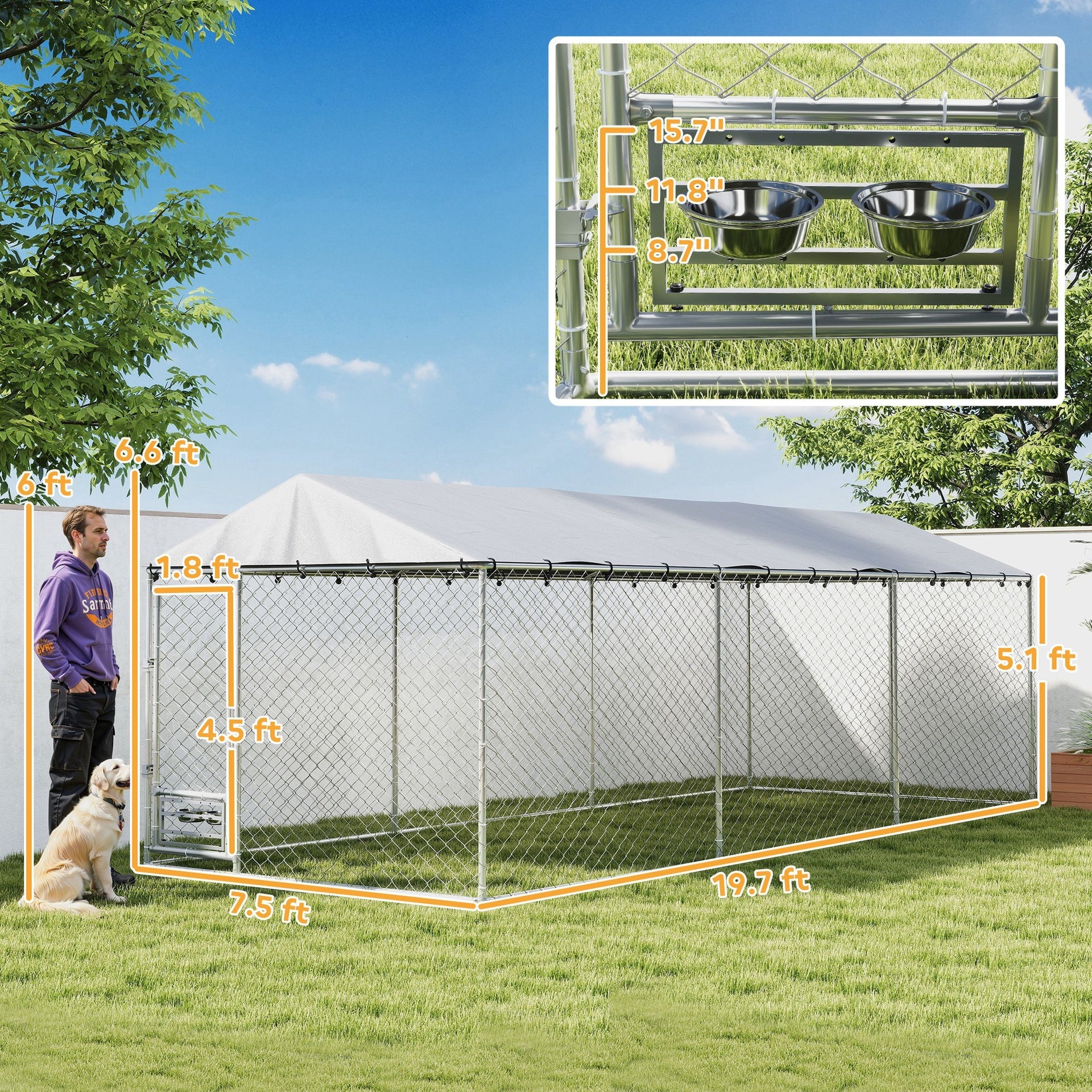 PawHut Dog Kennel Outdoor Dog Run Waterproof UV-Resist Cover Lockable Door Adjustable Bowls 20 x 7.5 x 6.5ft