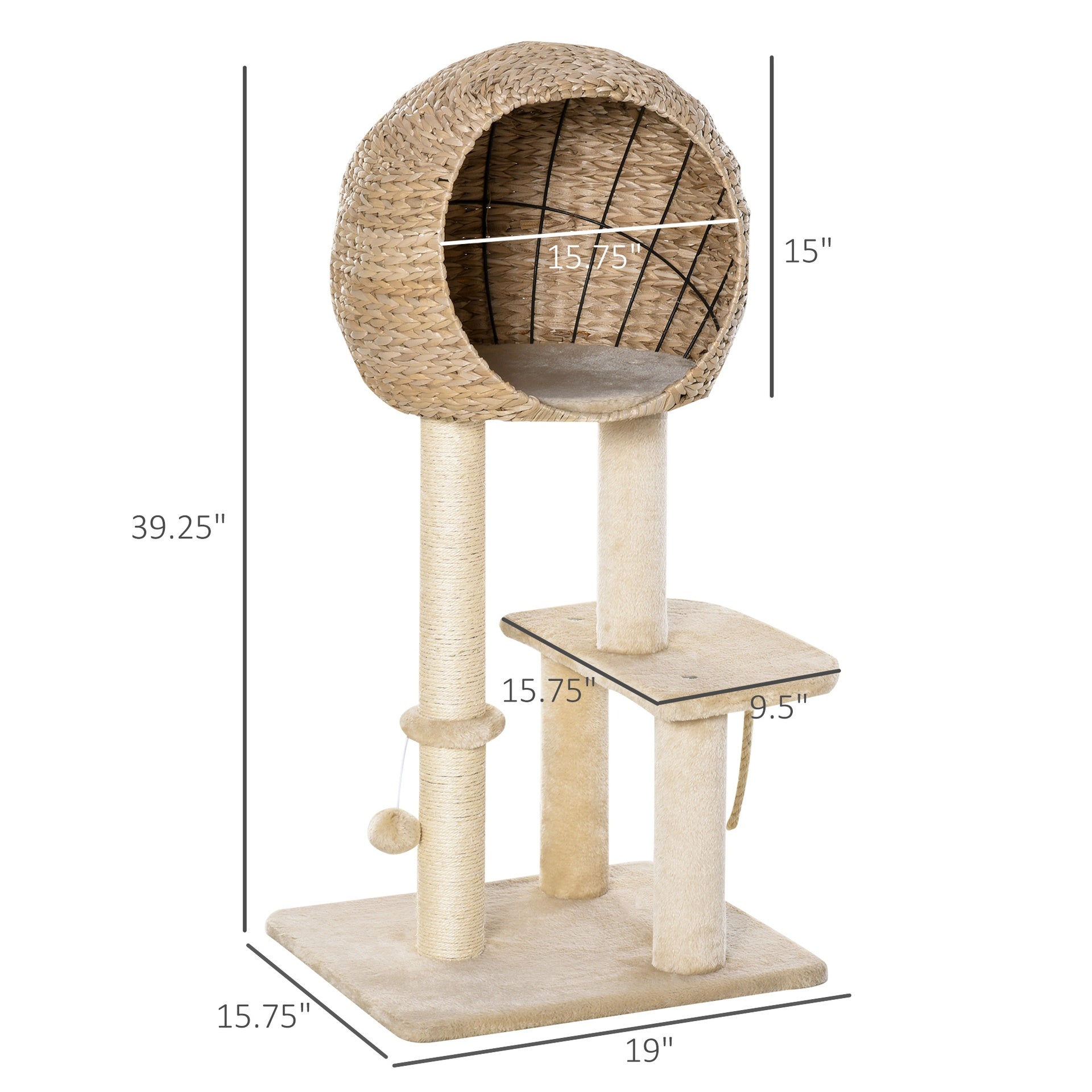 PawHut Cat Tree with Sisal Scratching Post Condo and Hanging Rope 39" H, Beige