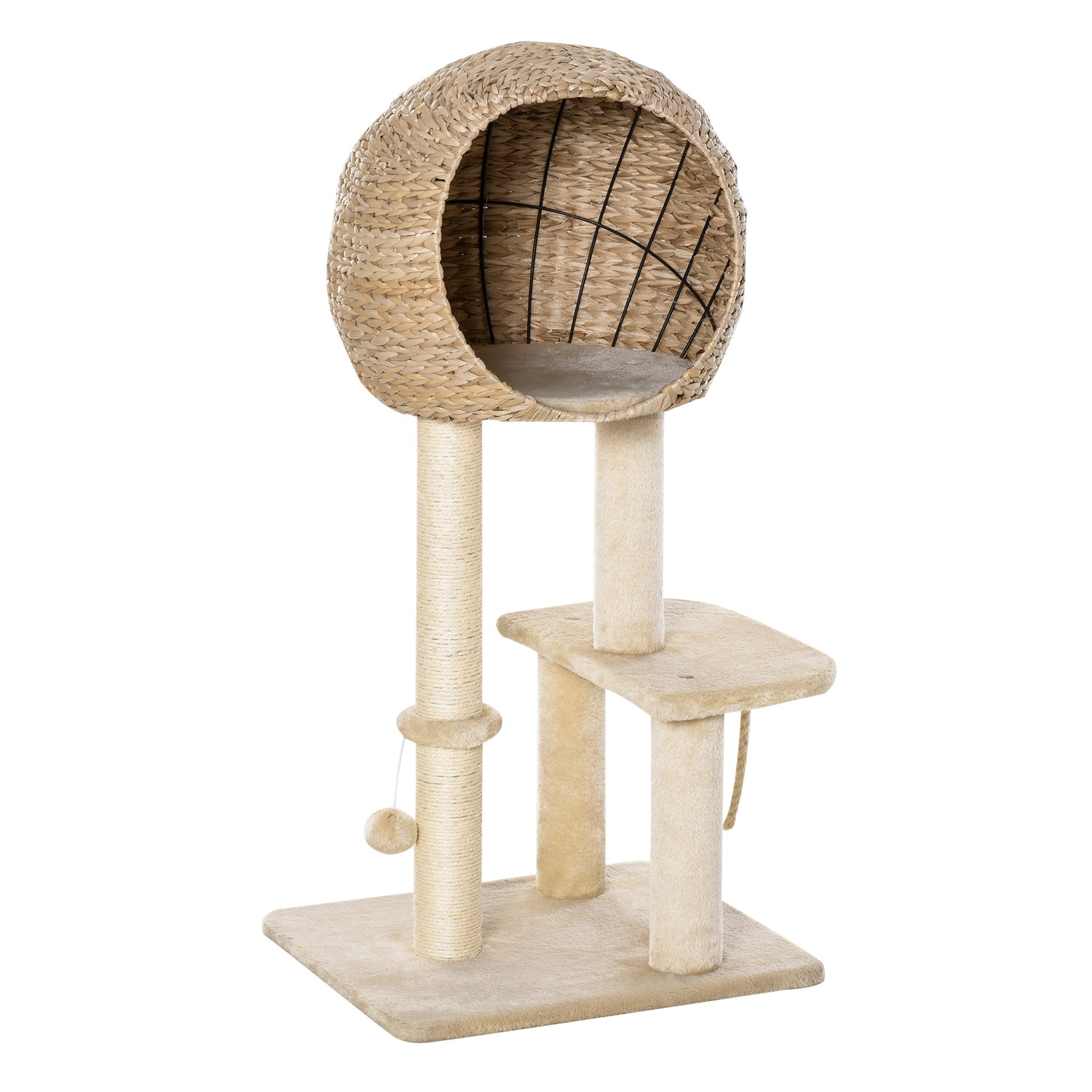 PawHut Cat Tree with Sisal Scratching Post Condo and Hanging Rope 39" H, Beige