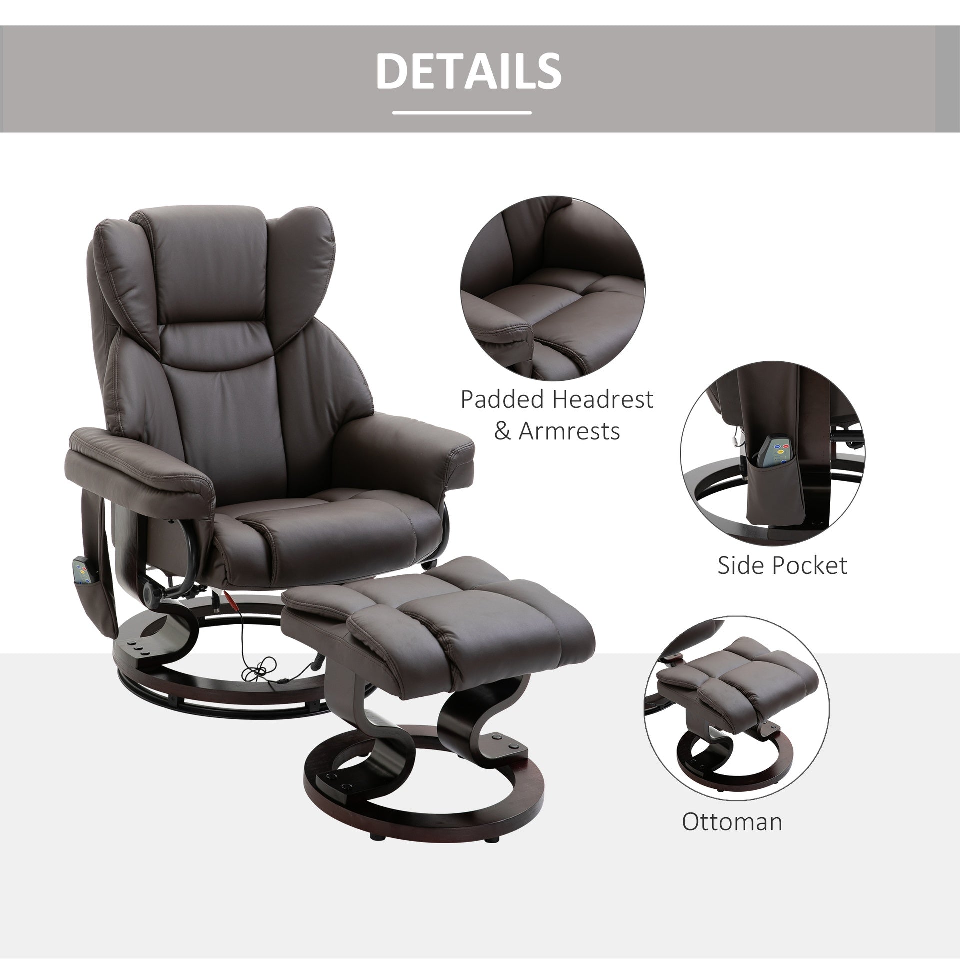 HOMCOM Massage Sofa Recliner Chair w/ Footrest, 10 Vibration Point, Faux PU Leather, Brown