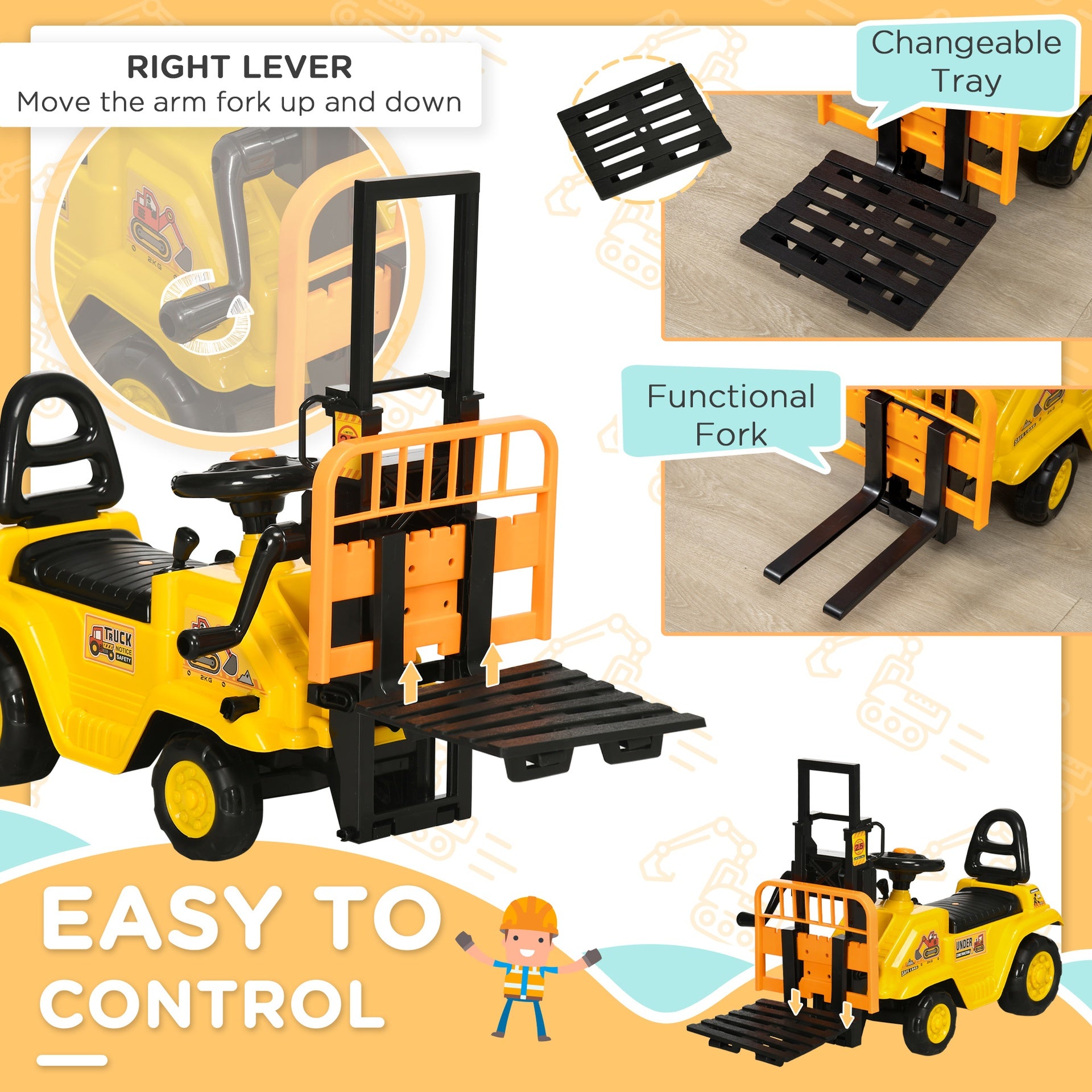 Aosom Sit and Scoot Ride-on Toy with Forklift Operation, Construction Toys for Kids with Under Seat Storage, Forklift Toy for 3-Year-Old Boys & Girls, Imagination Toys