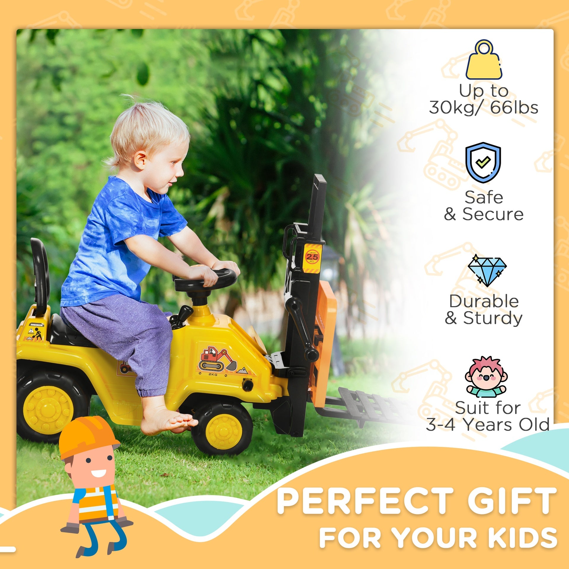 Aosom Sit and Scoot Ride-on Toy with Forklift Operation, Construction Toys for Kids with Under Seat Storage, Forklift Toy for 3-Year-Old Boys & Girls, Imagination Toys