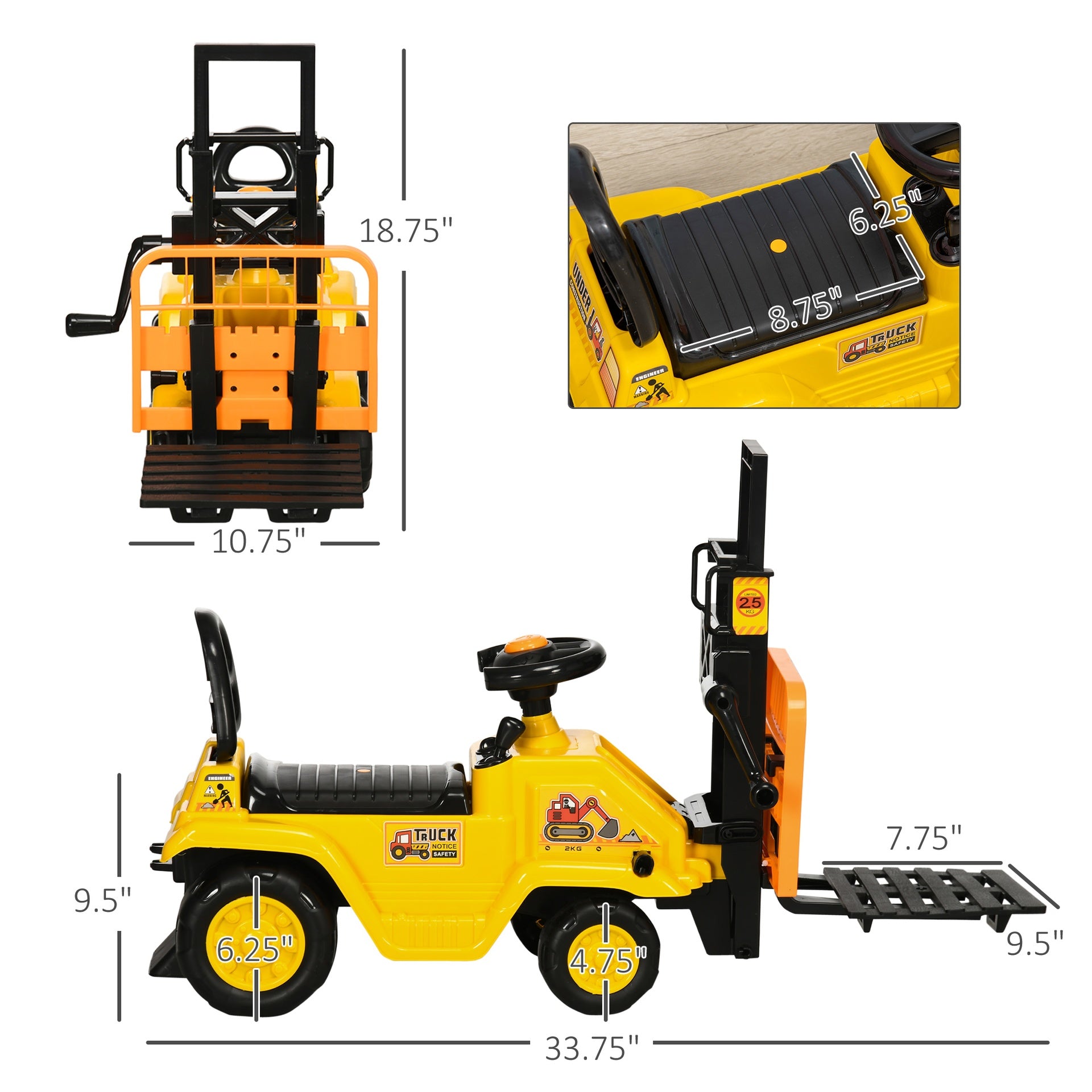 Aosom Sit and Scoot Ride-on Toy with Forklift Operation, Construction Toys for Kids with Under Seat Storage, Forklift Toy for 3-Year-Old Boys & Girls, Imagination Toys