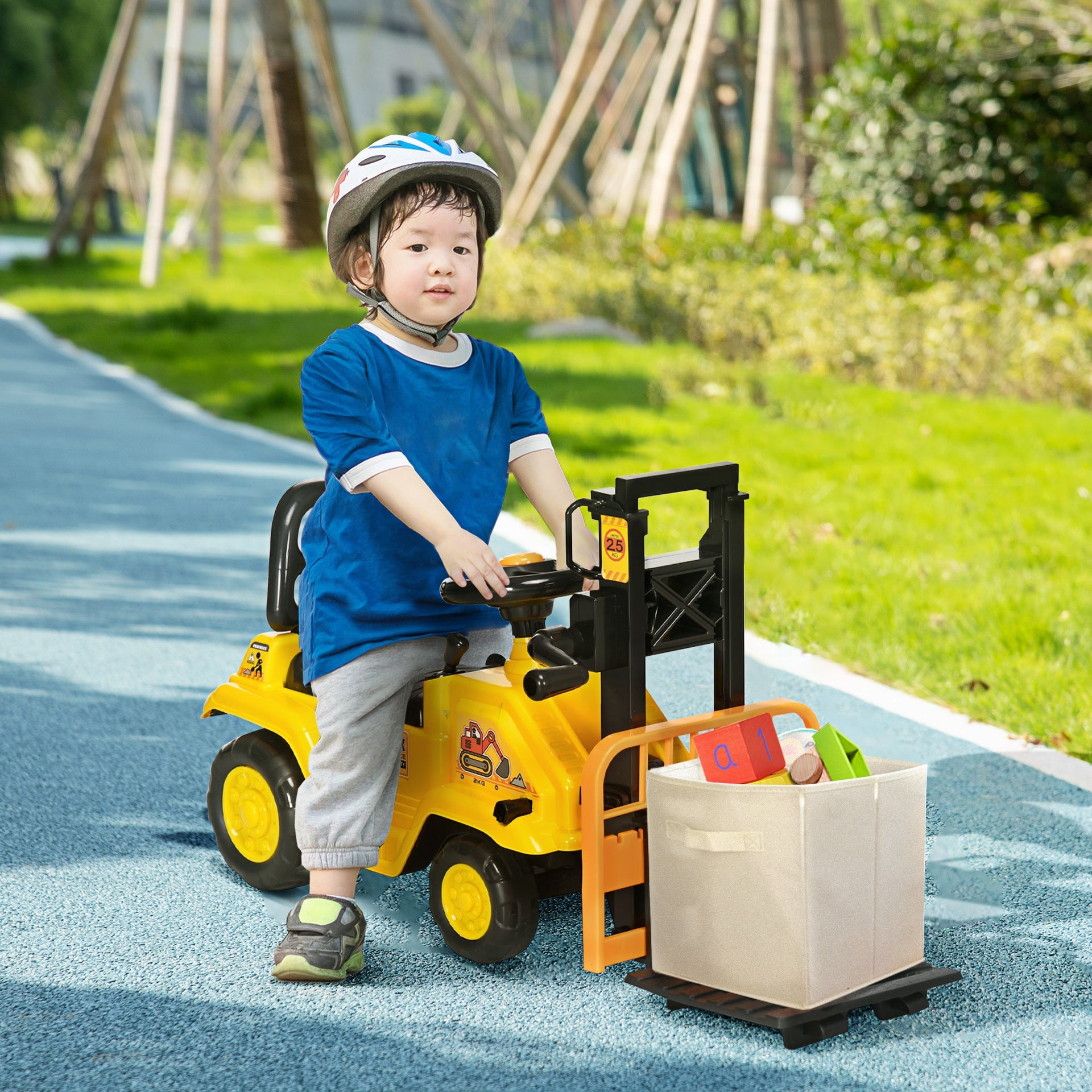 Aosom Sit and Scoot Ride-on Toy with Forklift Operation, Construction Toys for Kids with Under Seat Storage, Forklift Toy for 3-Year-Old Boys & Girls, Imagination Toys