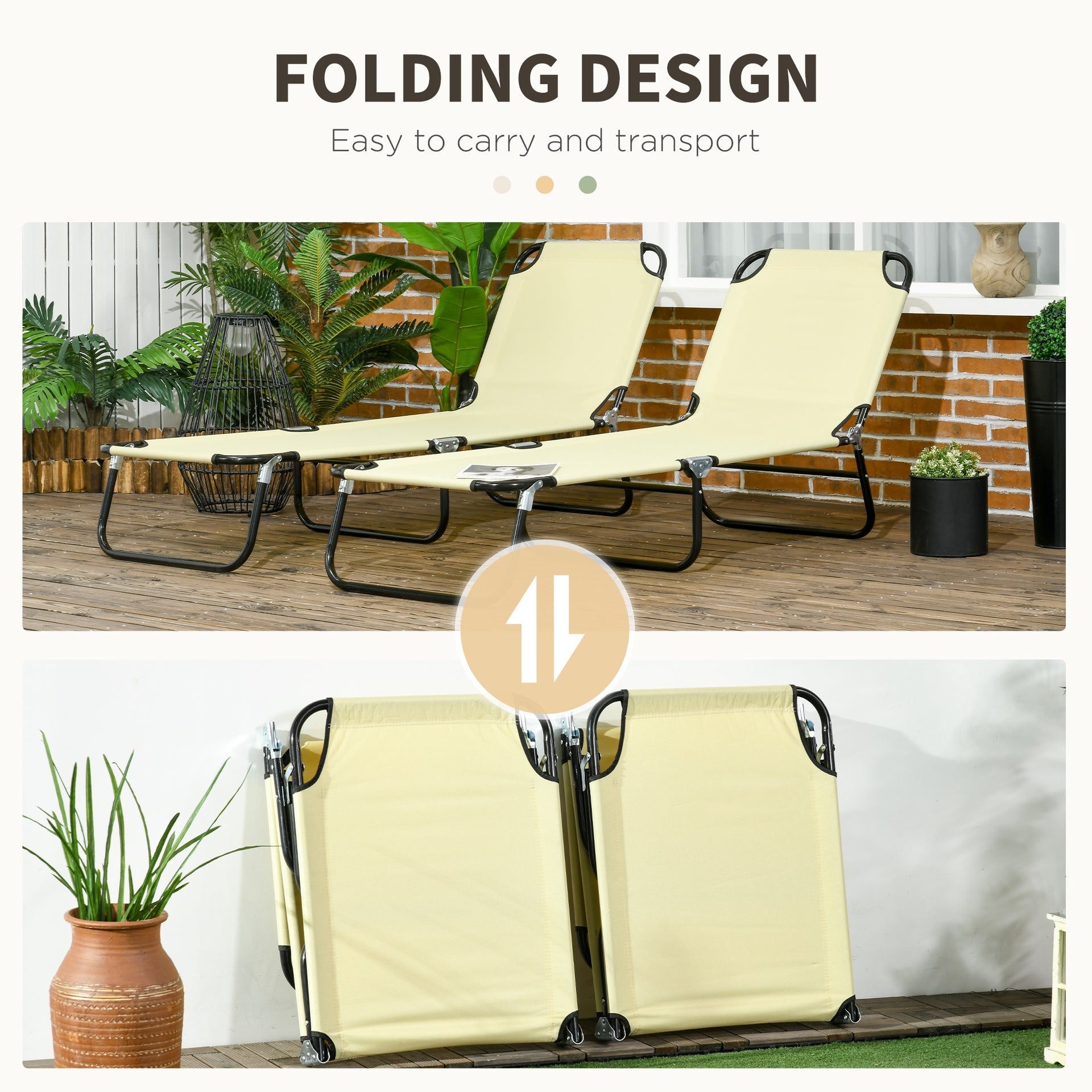 Outsunny 2 Piece Folding Chaise Lounge Pool Chairs, Outdoor Sun Tanning Chairs , Steel Frame for Beach, Yard, Patio, Beige