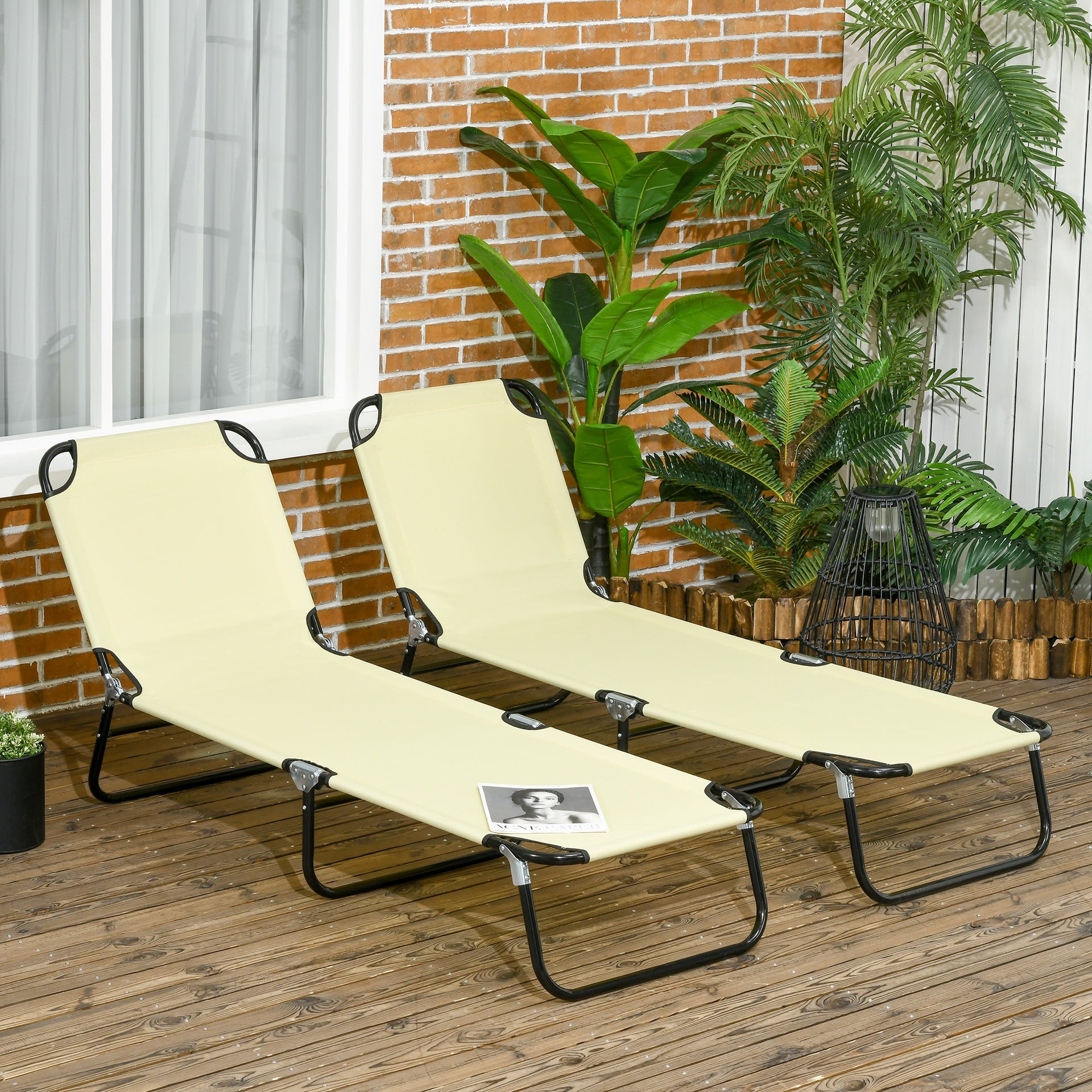 Outsunny 2 Piece Folding Chaise Lounge Pool Chairs, Outdoor Sun Tanning Chairs , Steel Frame for Beach, Yard, Patio, Beige