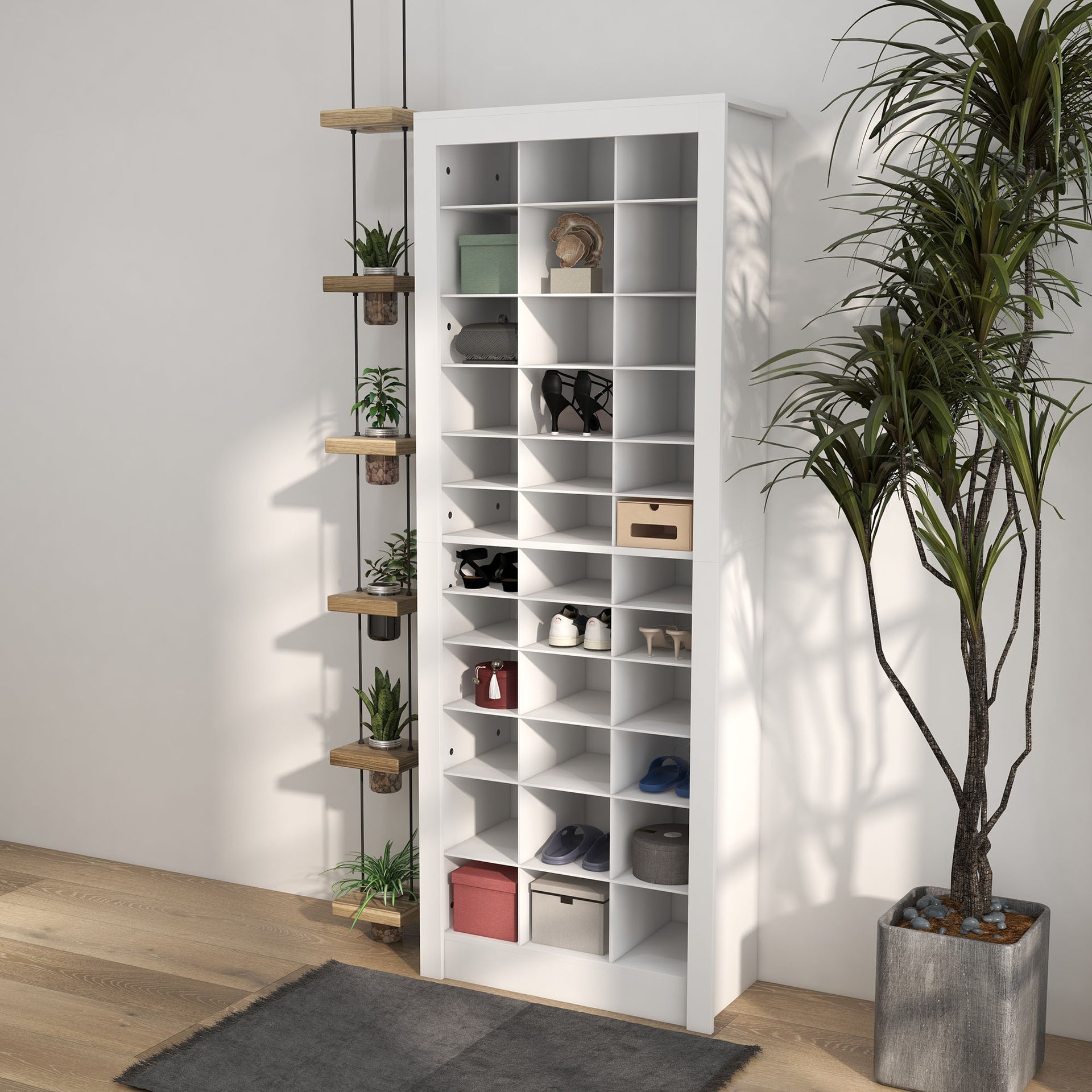 HOMCOM 71" Shoe Storage Cabinet with 3 Heights of Open Cubes for 36 Pairs, Narrow Shoe Organizer, White