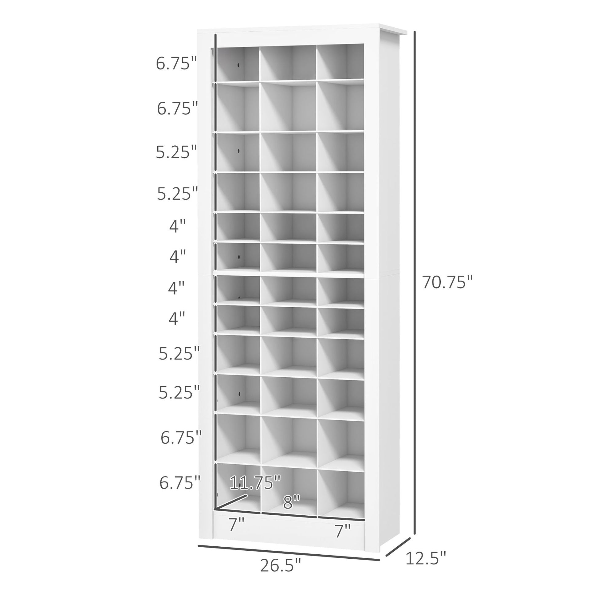 HOMCOM 71" Shoe Storage Cabinet with 3 Heights of Open Cubes for 36 Pairs, Narrow Shoe Organizer, White