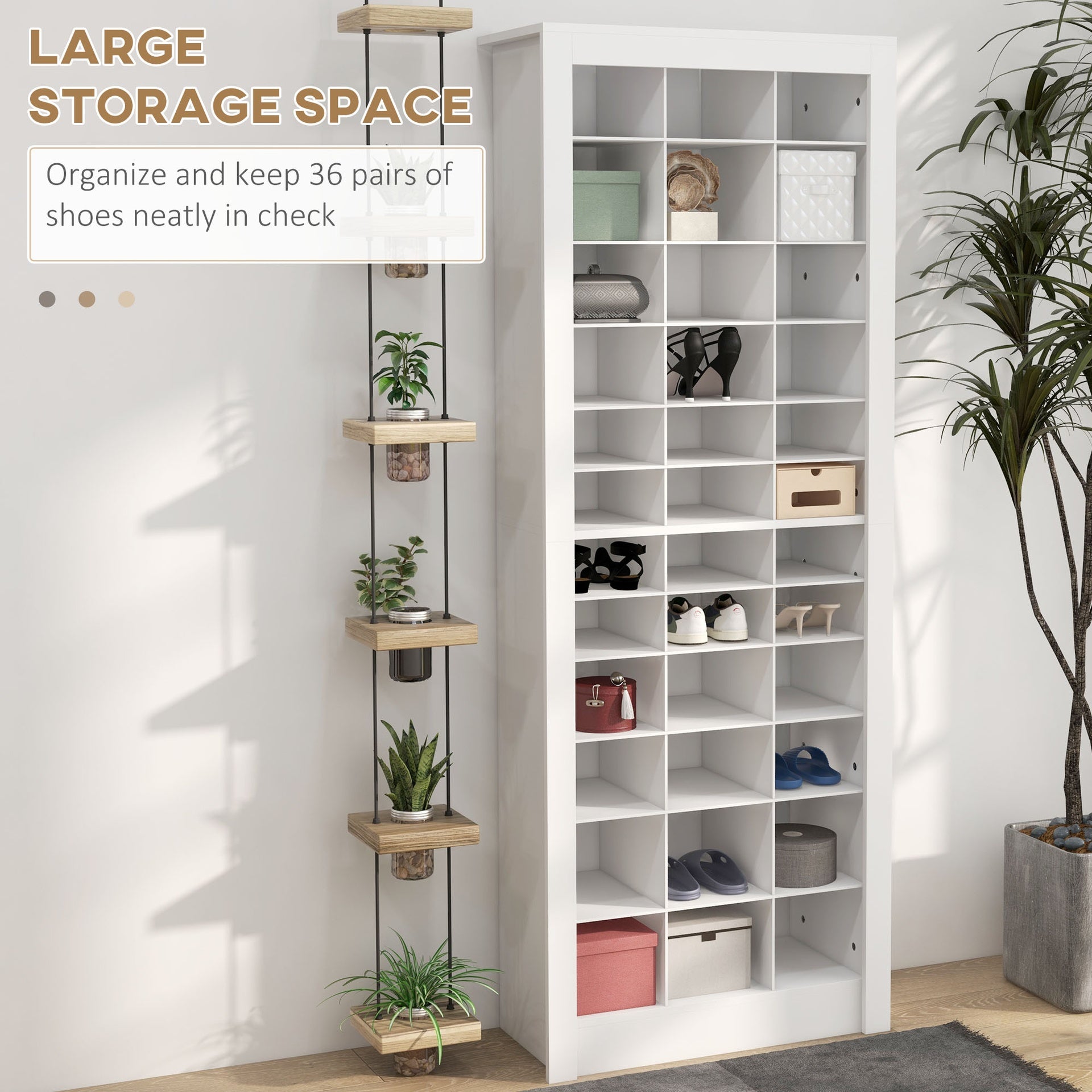 HOMCOM 71" Shoe Storage Cabinet with 3 Heights of Open Cubes for 36 Pairs, Narrow Shoe Organizer, White