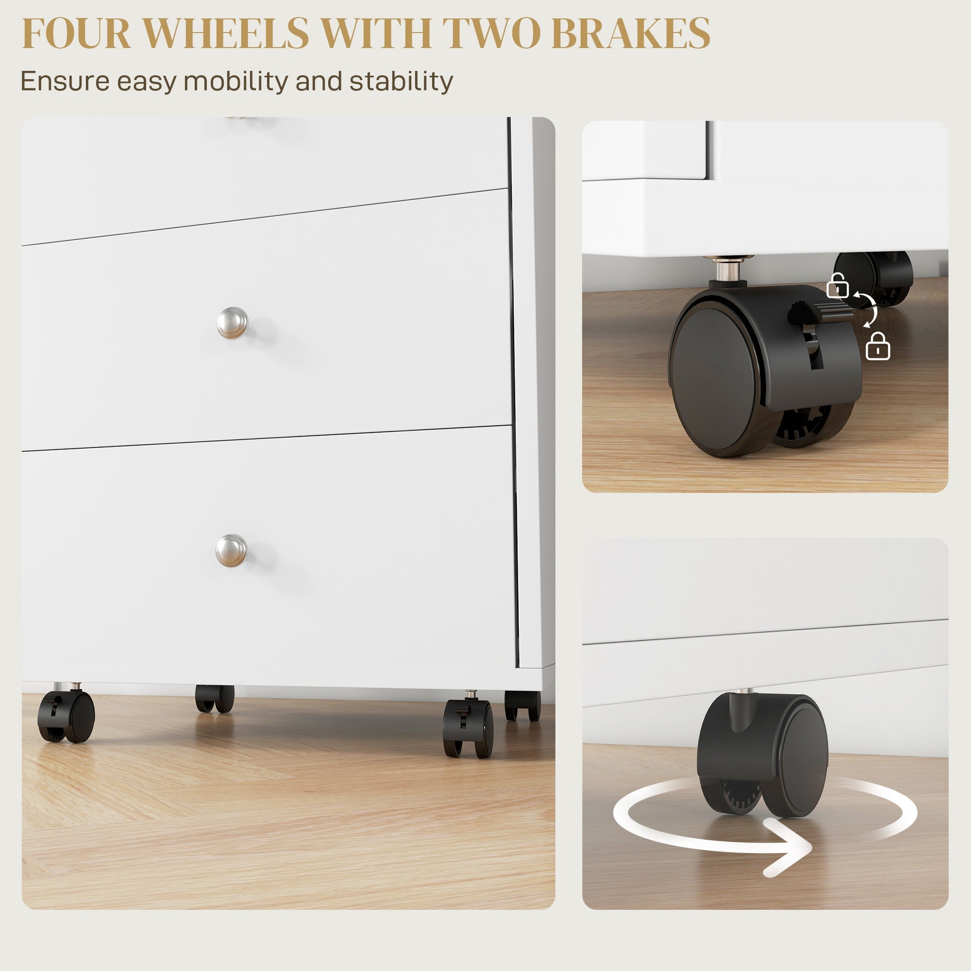 HOMCOM 3 Drawer File Cabinet on Wheels Mobile Home Office Storage Cabinet with Top Tray Under Desk Printer Stand, White