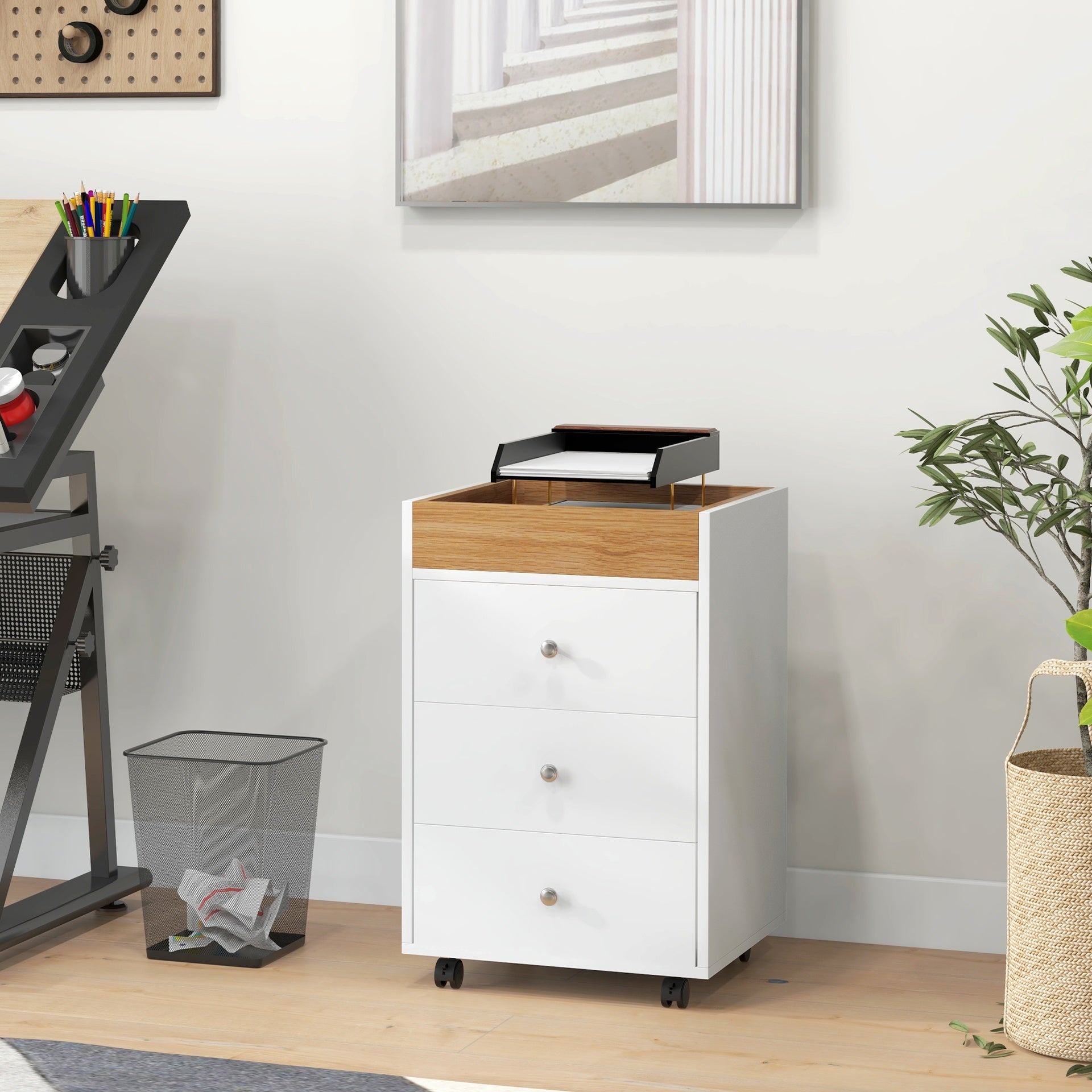 HOMCOM 3 Drawer File Cabinet on Wheels Mobile Home Office Storage Cabinet with Top Tray Under Desk Printer Stand, White