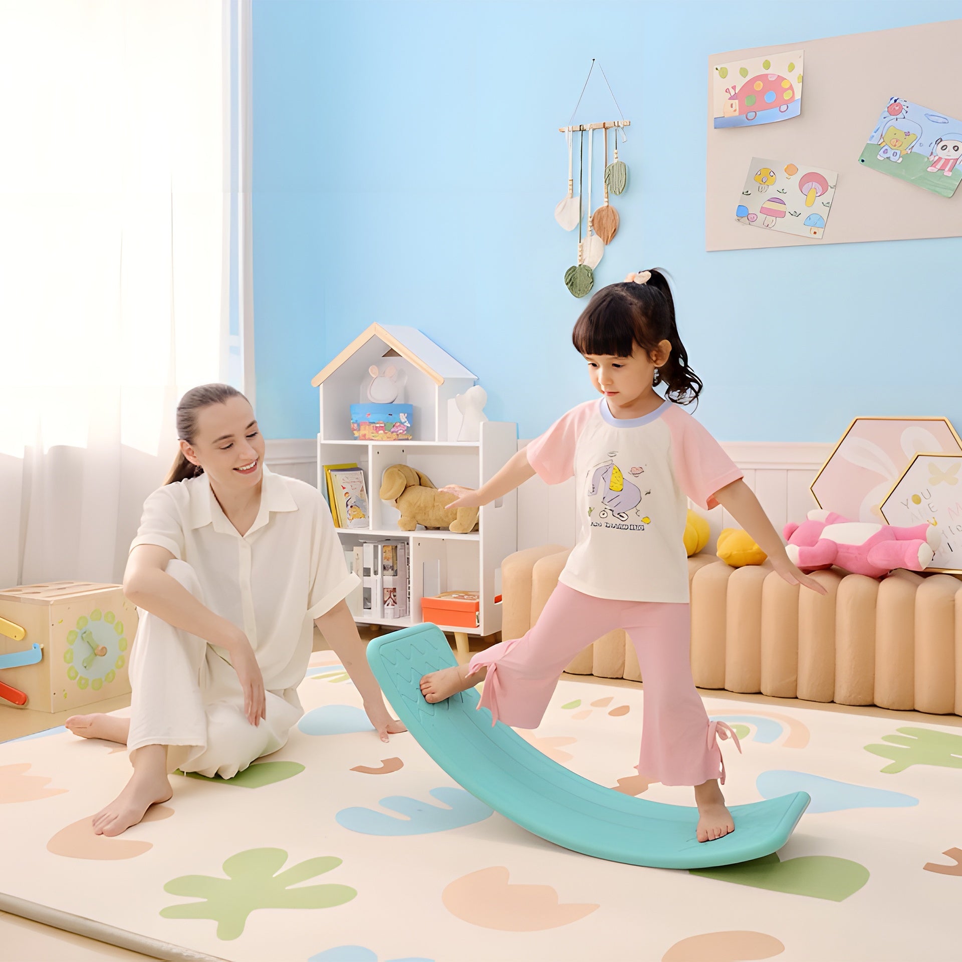 Qaba 32.3" Balance Board, Wobble Board for Kids & Toddlers, Montessori Waldorf Toy for Ages 3-6 Years Old, Blue