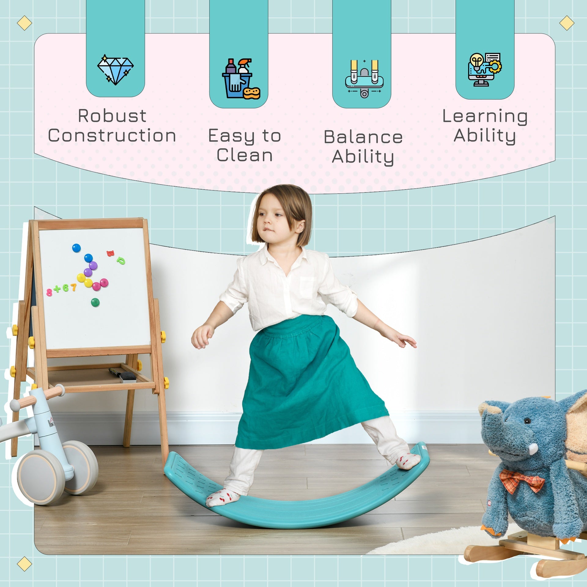Qaba 32.3" Balance Board, Wobble Board for Kids & Toddlers, Montessori Waldorf Toy for Ages 3-6 Years Old, Blue