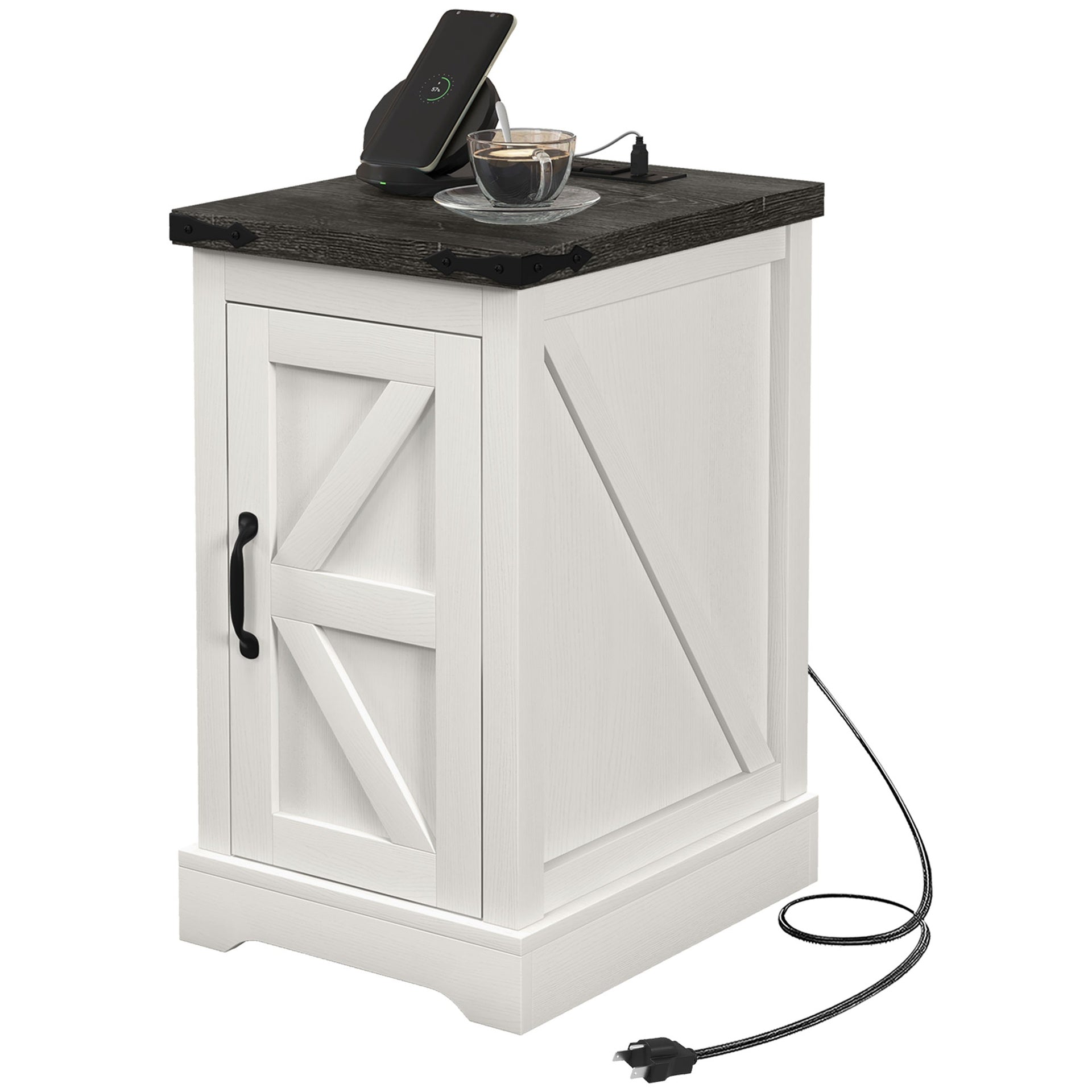 HOMCOM Farmhouse End Table with Storage, Side Table with Charging Station and USB Ports for Living Room, Distressed White