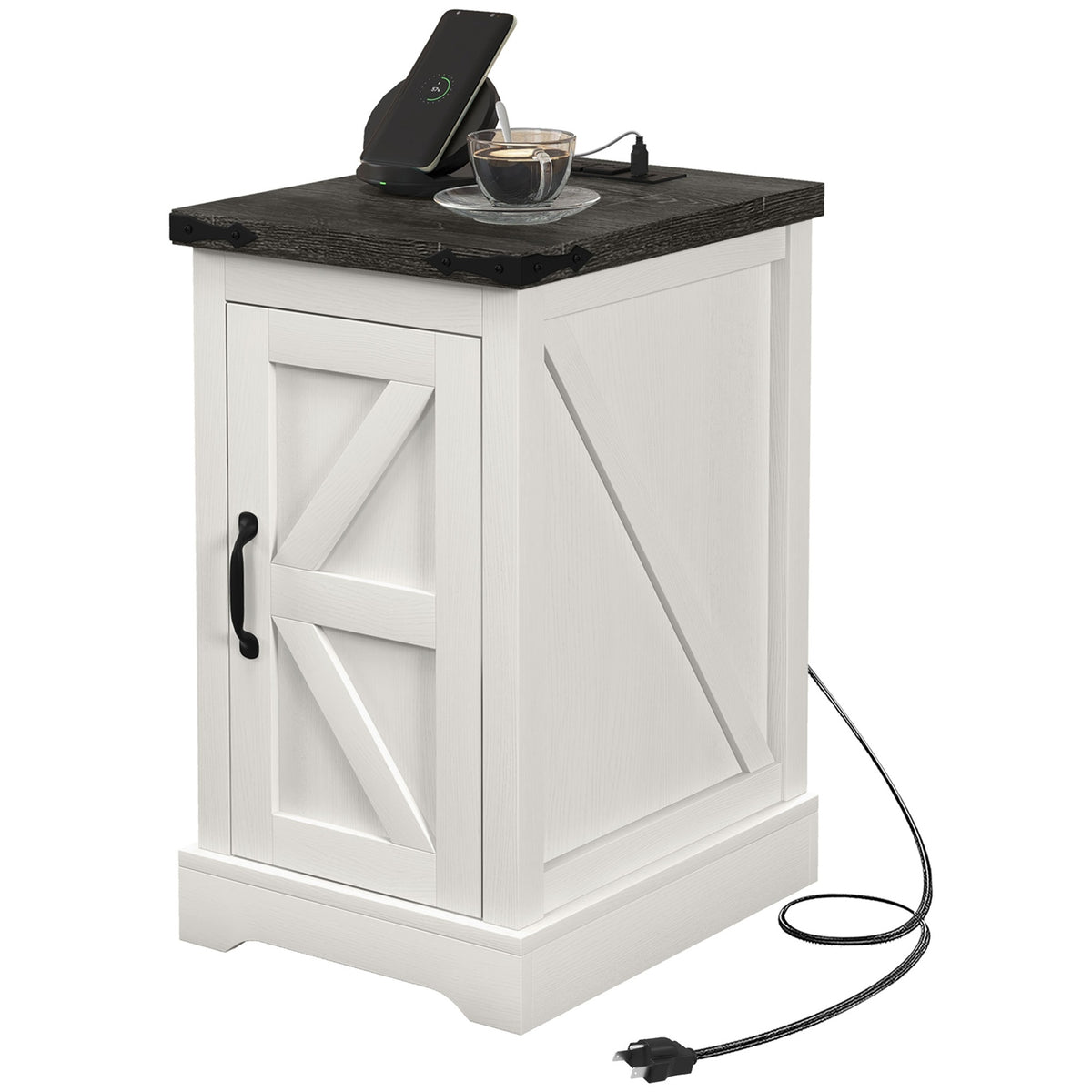 HOMCOM Farmhouse End Table with Storage, Side Table with Charging Station and USB Ports for Living Room, Distressed White