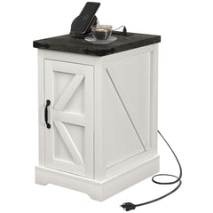 HOMCOM Farmhouse End Table with Storage, Side Table with Charging Station and USB Ports for Living Room, Distressed White