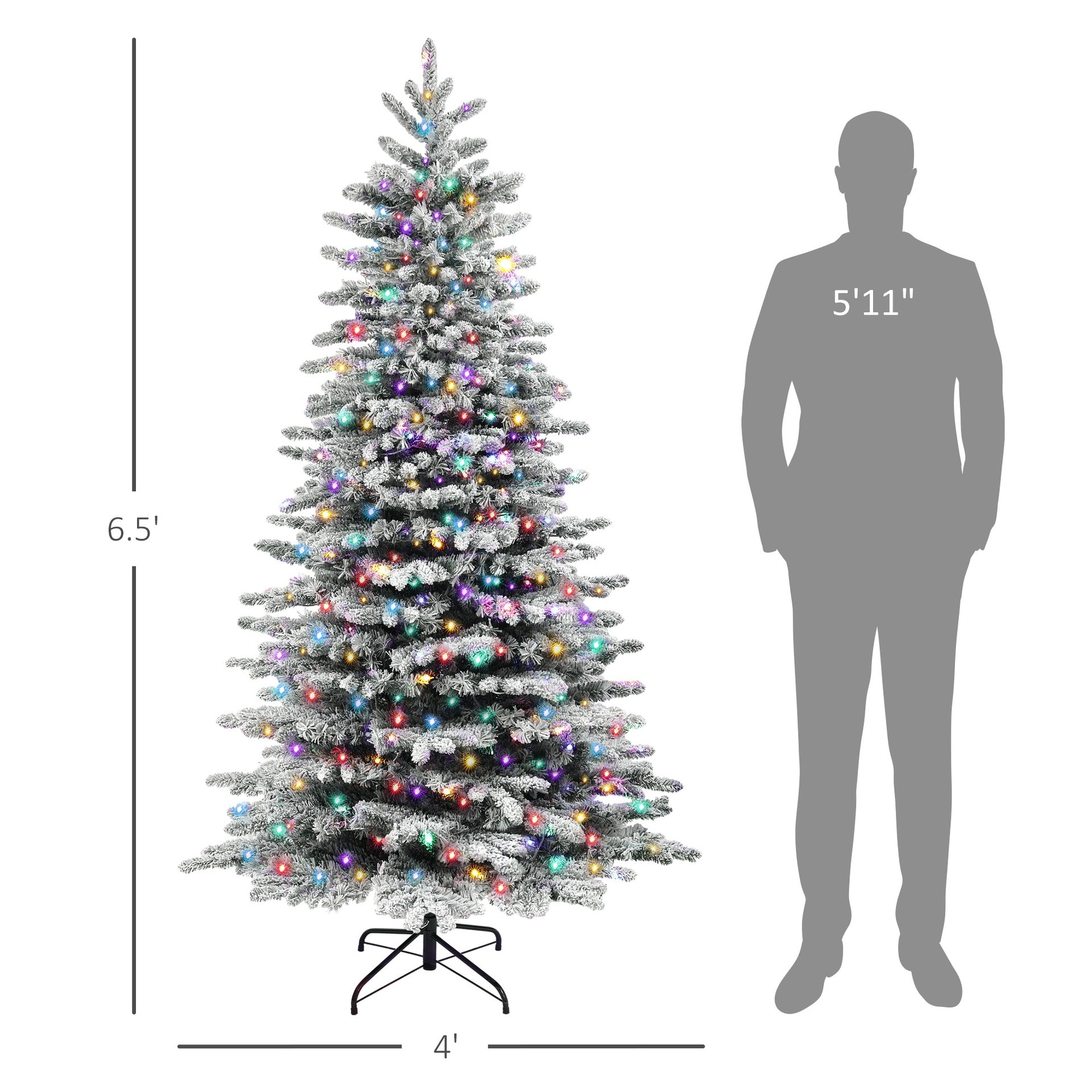 HOMCOM 6.5ft Snow Flocked Artificial Christmas Tree, Pre-Lit Christmas Tree with 400 LED Lights and 990 Branch Tips, Green