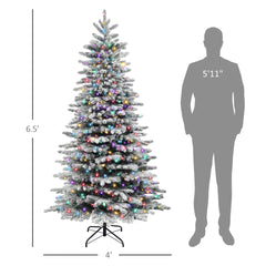 HOMCOM 6.5ft Snow Flocked Artificial Christmas Tree, Pre-Lit Christmas Tree with 400 LED Lights and 990 Branch Tips, Green
