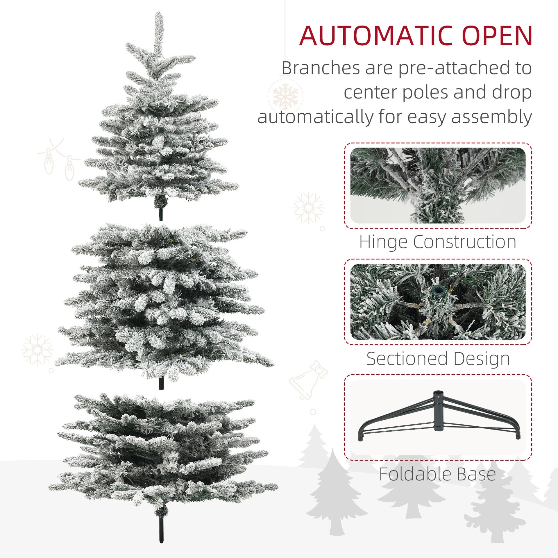 HOMCOM 6.5ft Snow Flocked Artificial Christmas Tree, Pre-Lit Christmas Tree with 400 LED Lights and 990 Branch Tips, Green