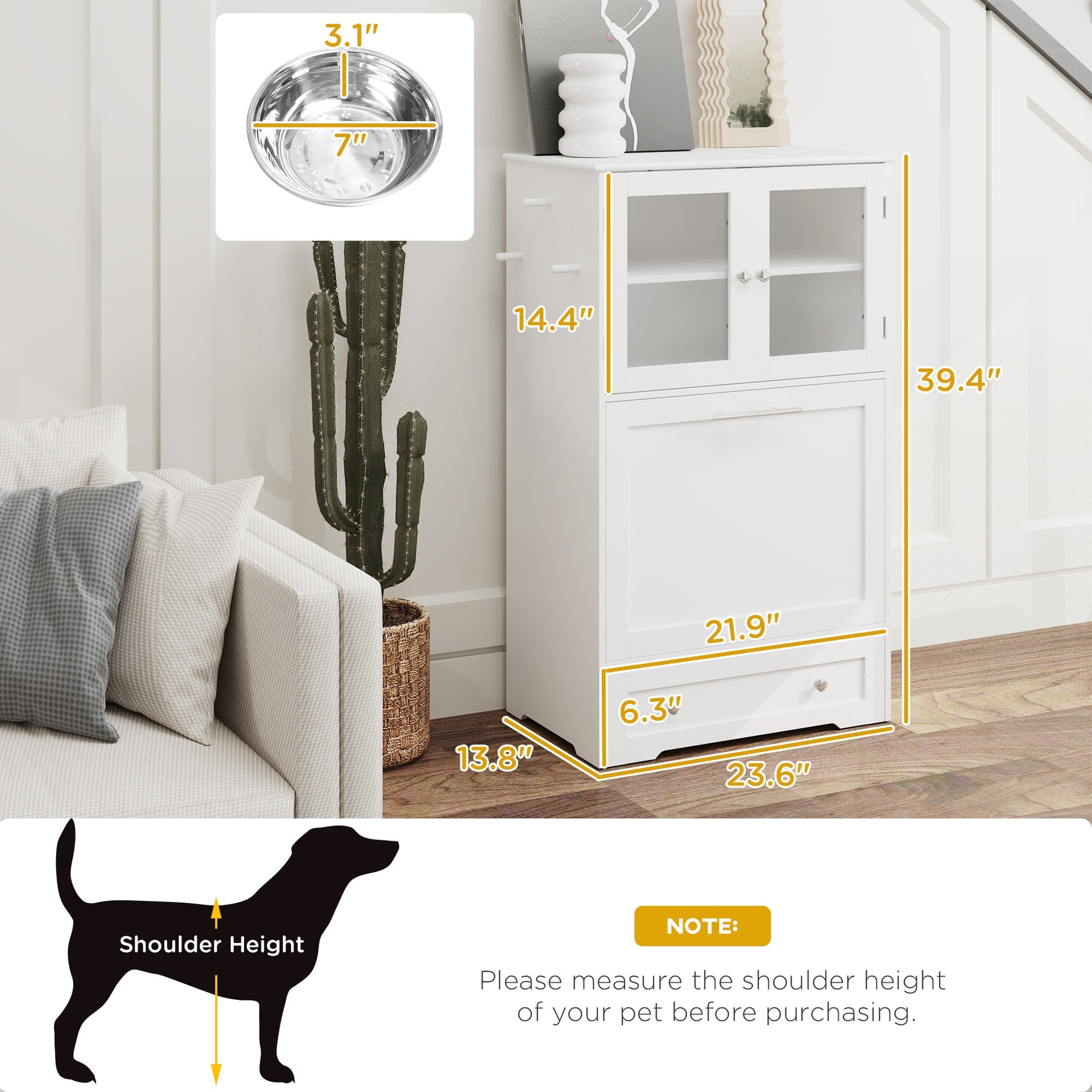 PawHut Dog Feeding Station with Two Storage Cabinets, 2 Elevated Dog Bowls, Side Hooks, Anti-tip Kit, for Feeding & Watering