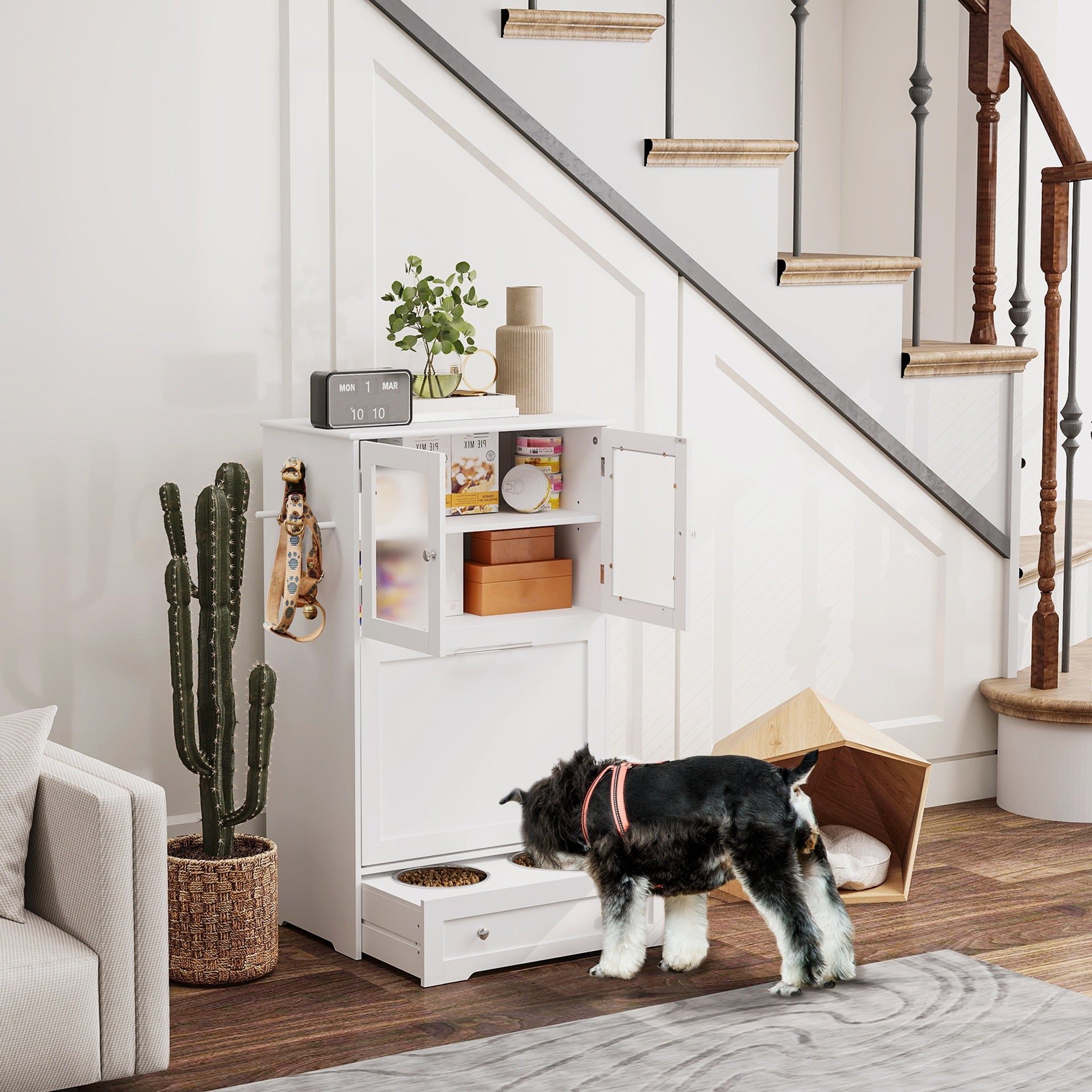 PawHut Dog Feeding Station with Two Storage Cabinets, 2 Elevated Dog Bowls, Side Hooks, Anti-tip Kit, for Feeding & Watering