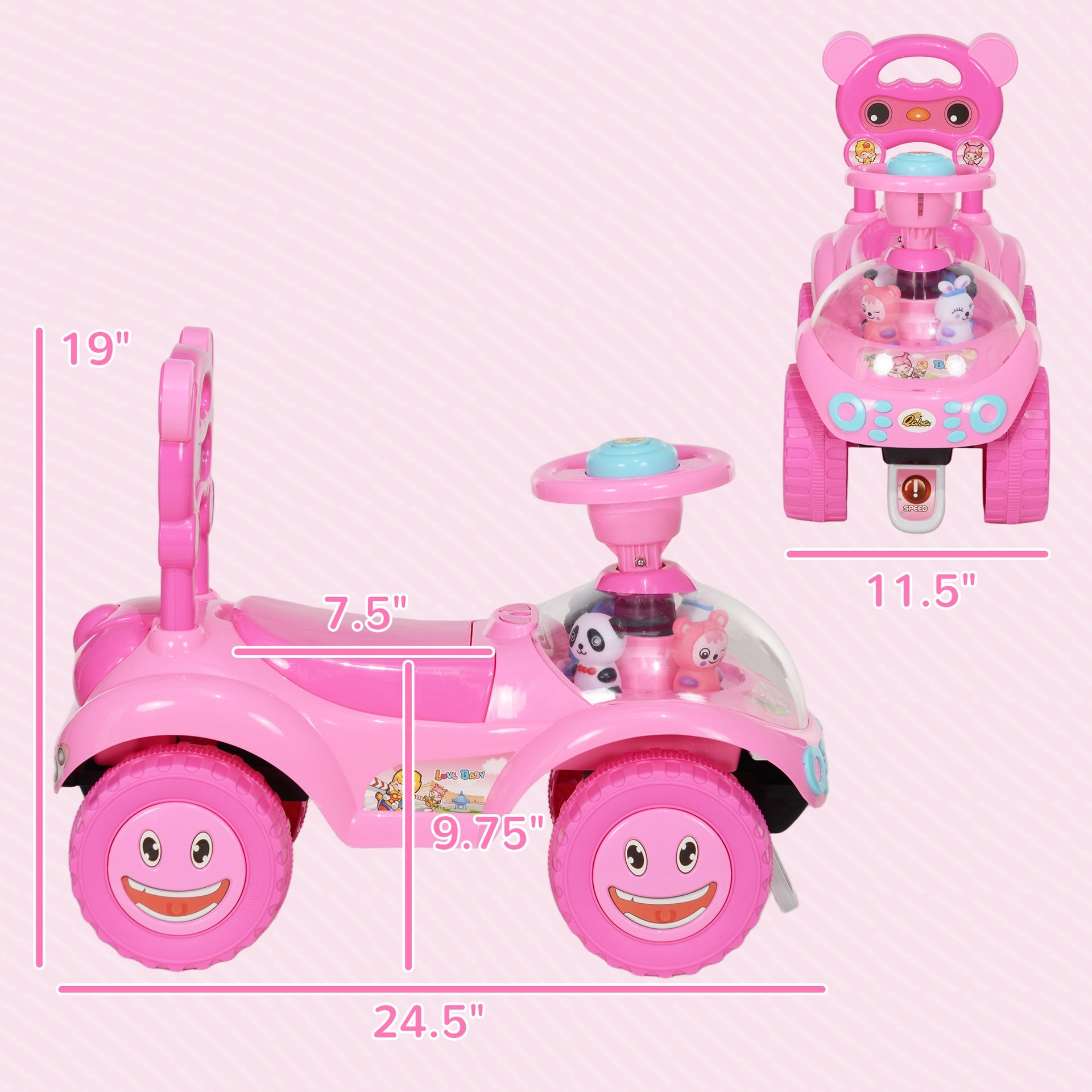 Qaba Foot to Floor Toddler Push Car w/ Horn, Light, Music, Anti-Over-Backwards Device & Underseat Storage, Pink