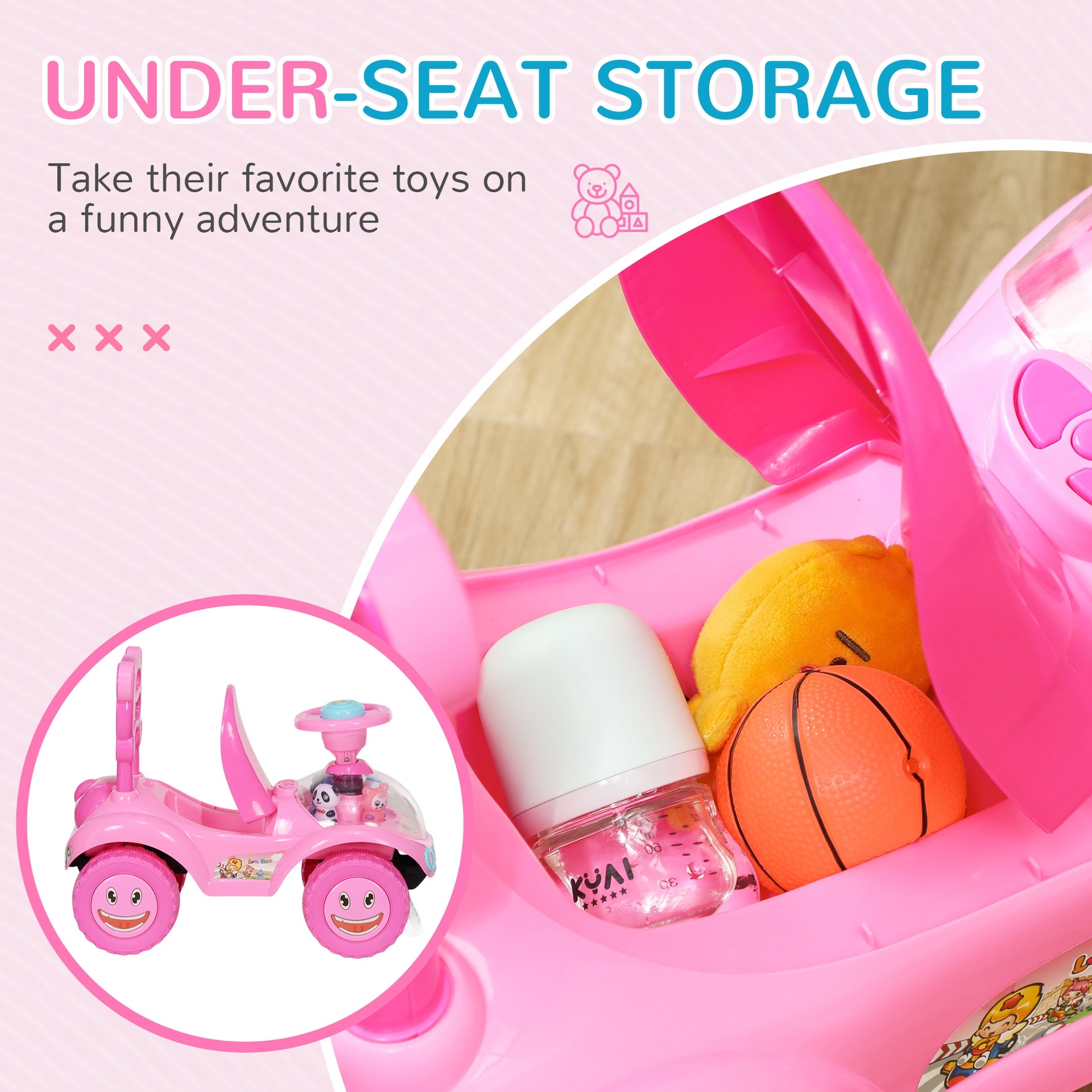 Qaba Foot to Floor Toddler Push Car w/ Horn, Light, Music, Anti-Over-Backwards Device & Underseat Storage, Pink