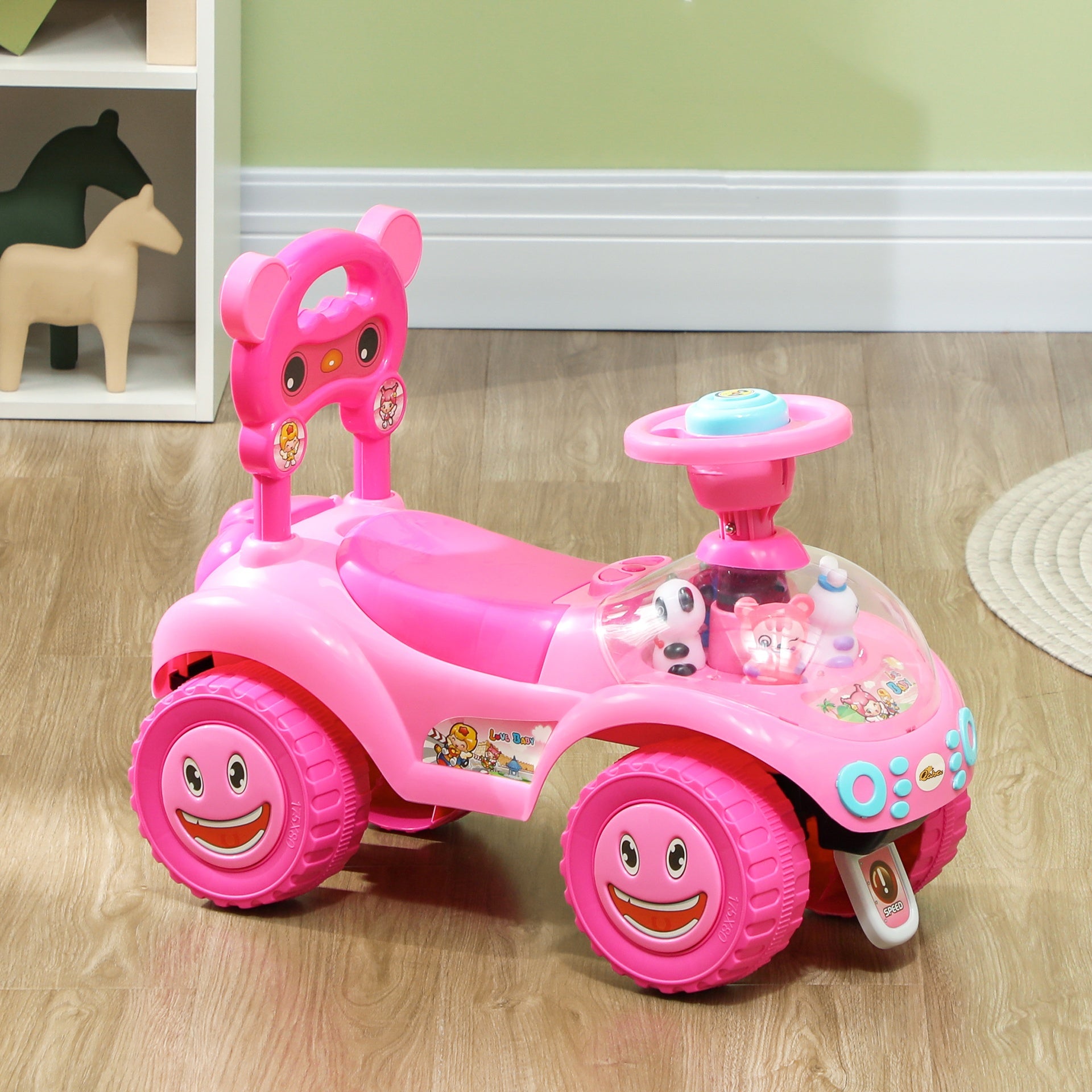 Qaba Foot to Floor Toddler Push Car w/ Horn, Light, Music, Anti-Over-Backwards Device & Underseat Storage, Pink