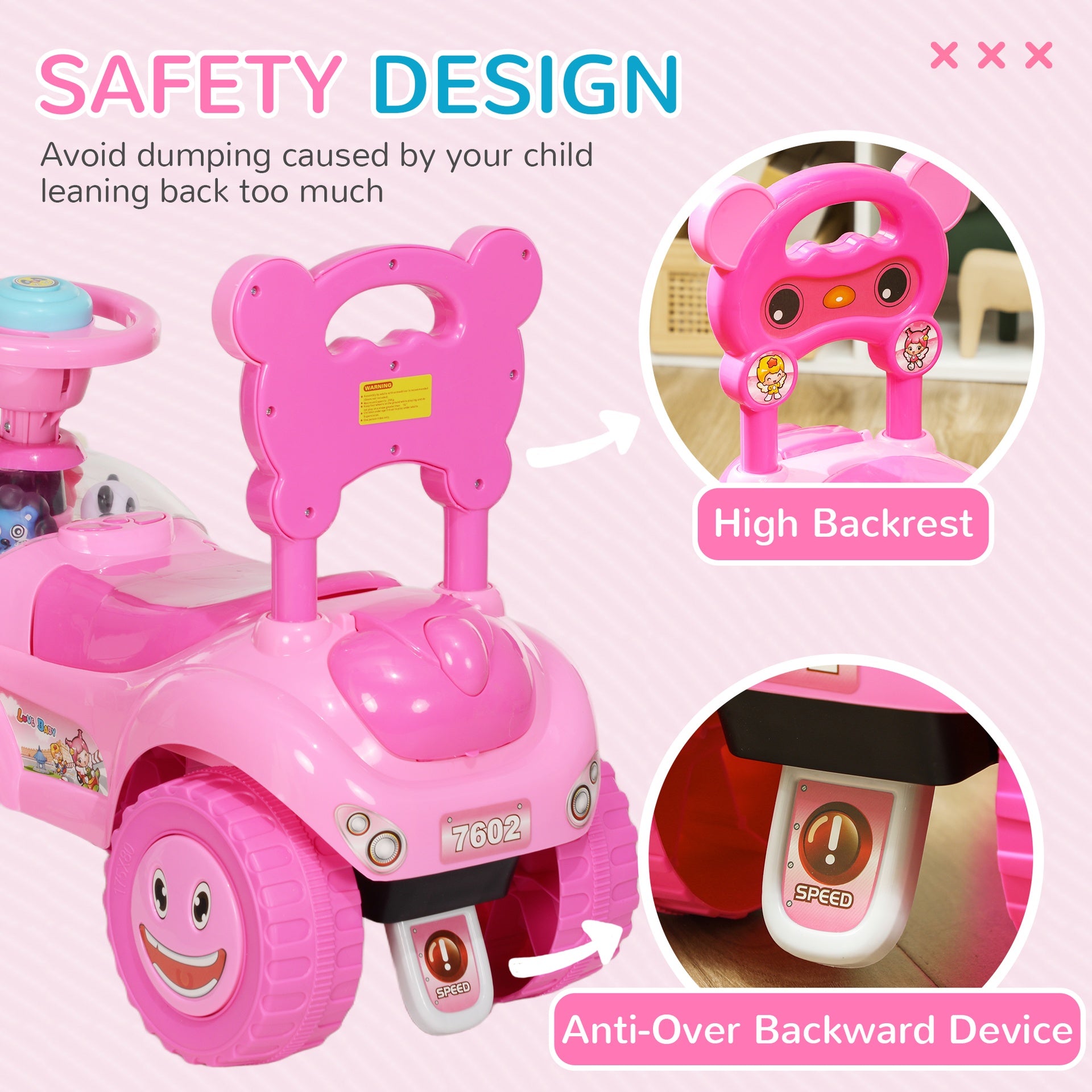 Qaba Foot to Floor Toddler Push Car w/ Horn, Light, Music, Anti-Over-Backwards Device & Underseat Storage, Pink