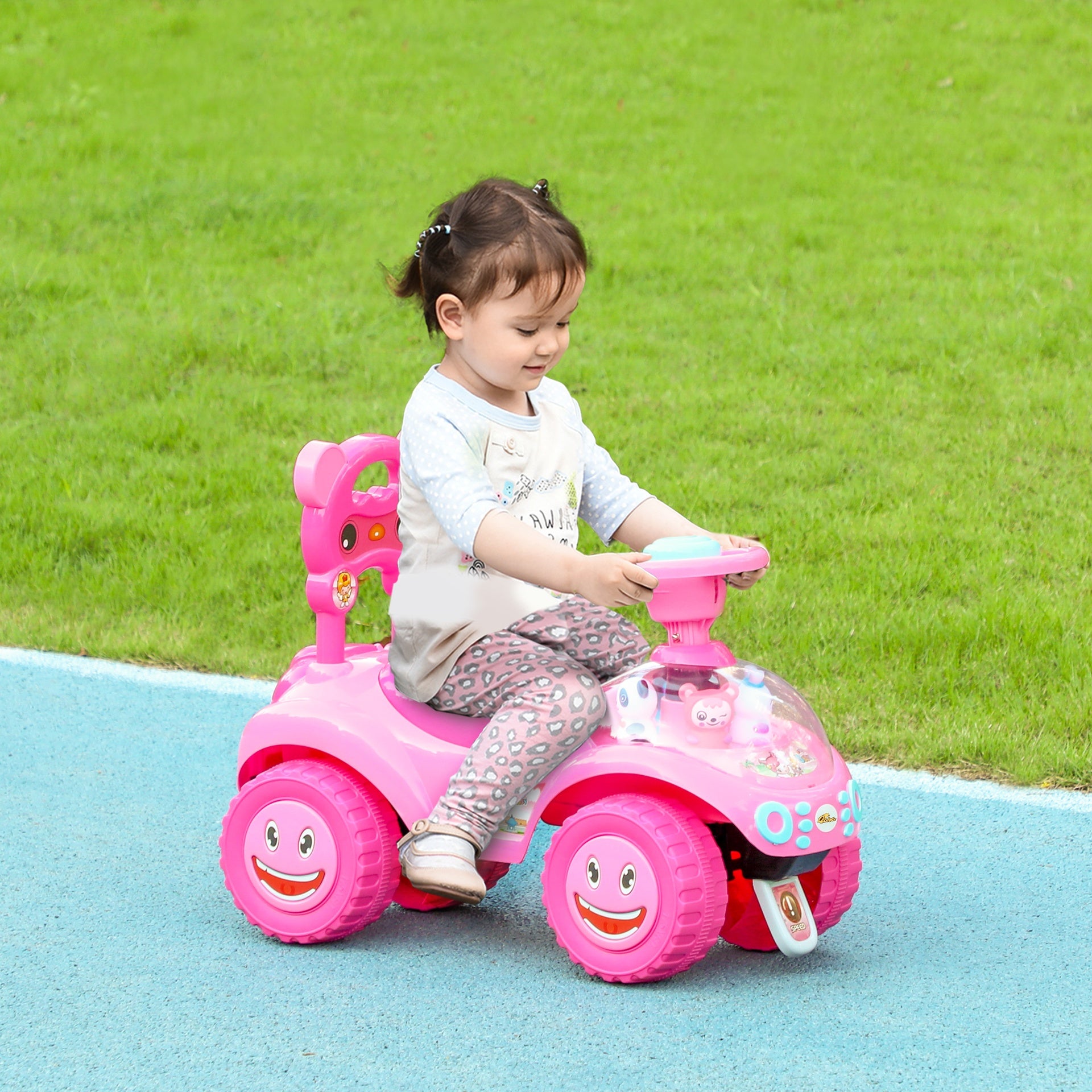 Qaba Foot to Floor Toddler Push Car w/ Horn, Light, Music, Anti-Over-Backwards Device & Underseat Storage, Pink
