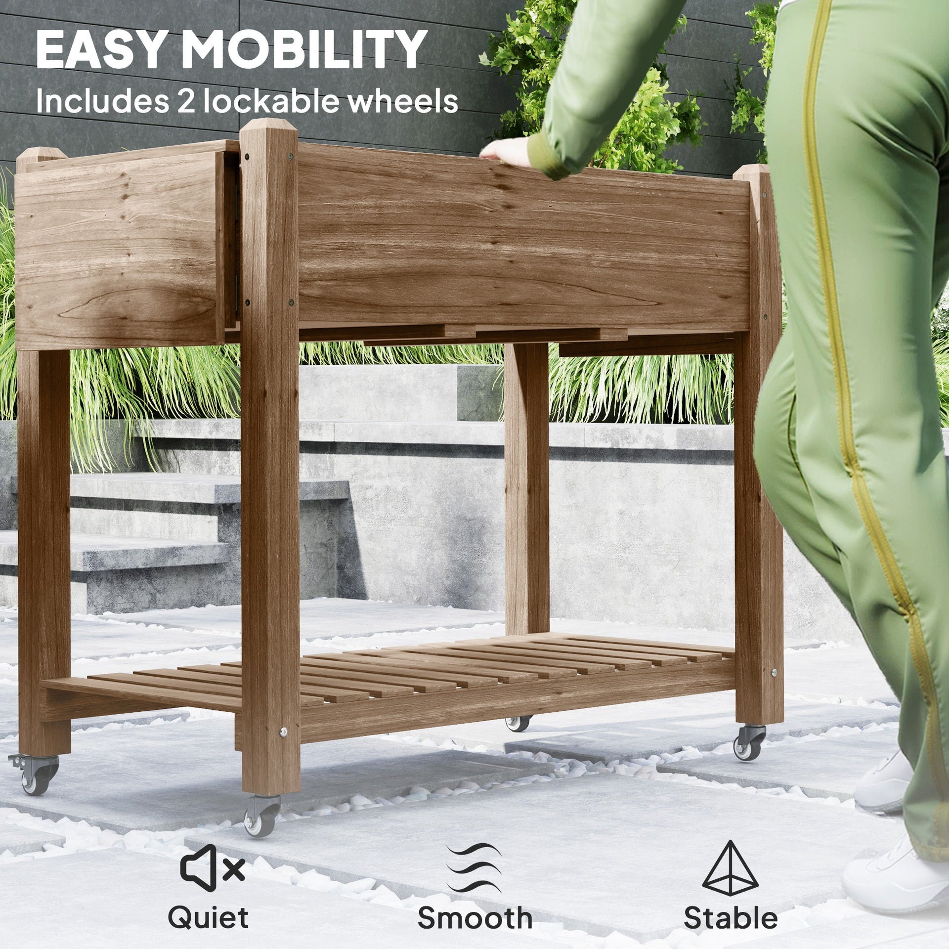 Outsunny Wood Raised Planter Box, Elevated Garden Bed with Lockable Wheels, Side Tables, Bottom Shelf, Drain Holes, Carbonized