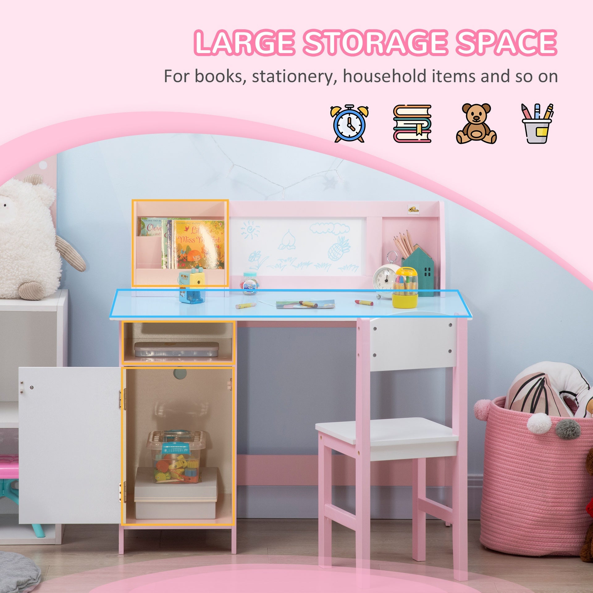 Qaba Toddler Table and Chair Set, Kids Writing Desk Homework Table with Whiteboard, Storage Cabinet, Pink