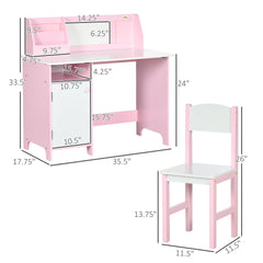 Qaba Toddler Table and Chair Set, Kids Writing Desk Homework Table with Whiteboard, Storage Cabinet, Pink