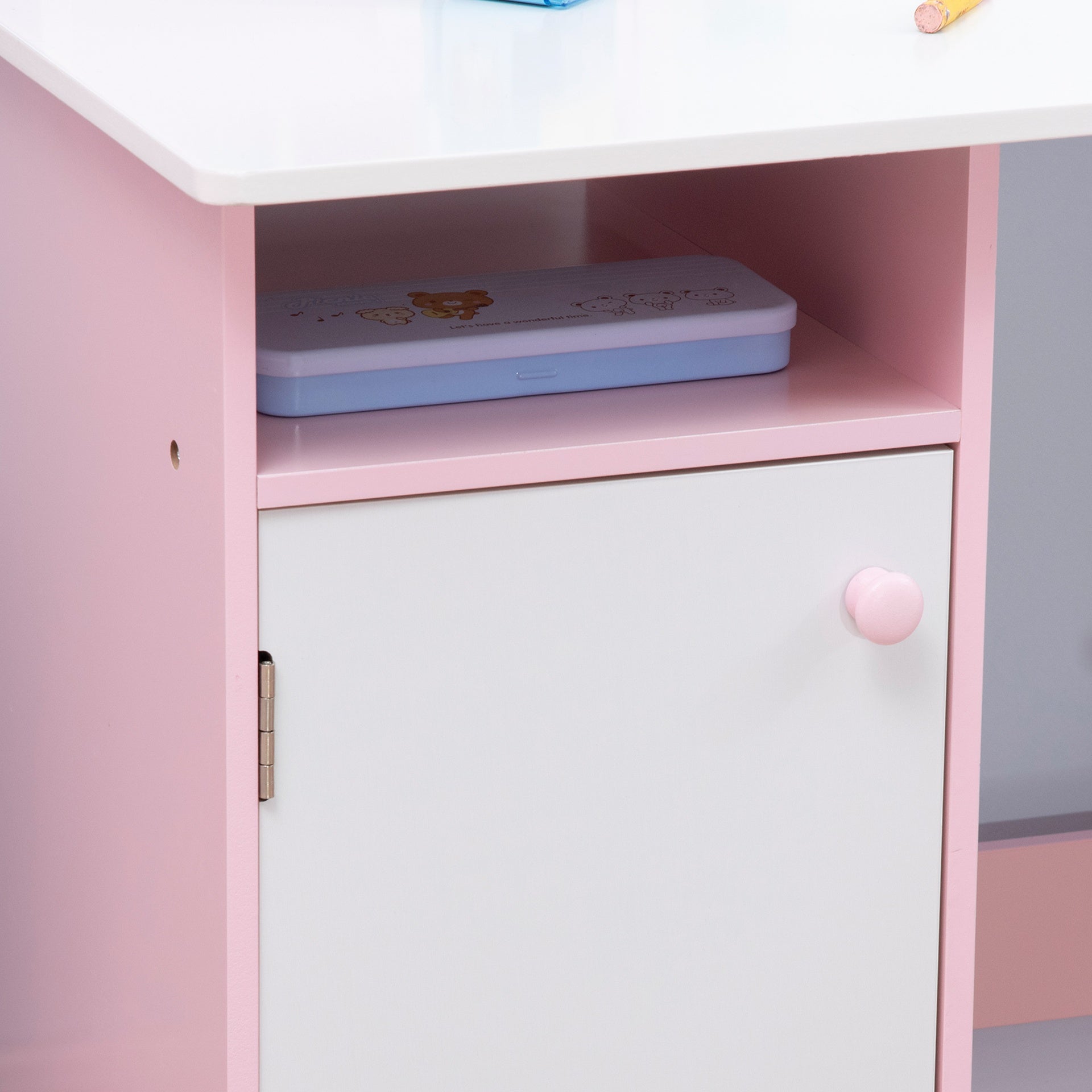 Qaba Toddler Table and Chair Set, Kids Writing Desk Homework Table with Whiteboard, Storage Cabinet, Pink