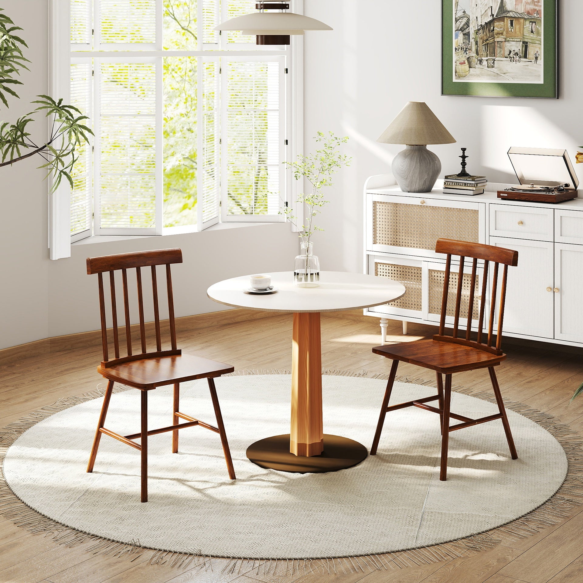 HOMCOM Dining Chairs Set of 2, Farmhouse Wood Kitchen Chairs with Rubber Wood Frame, Spindle Back for Dining Room, Light Brown