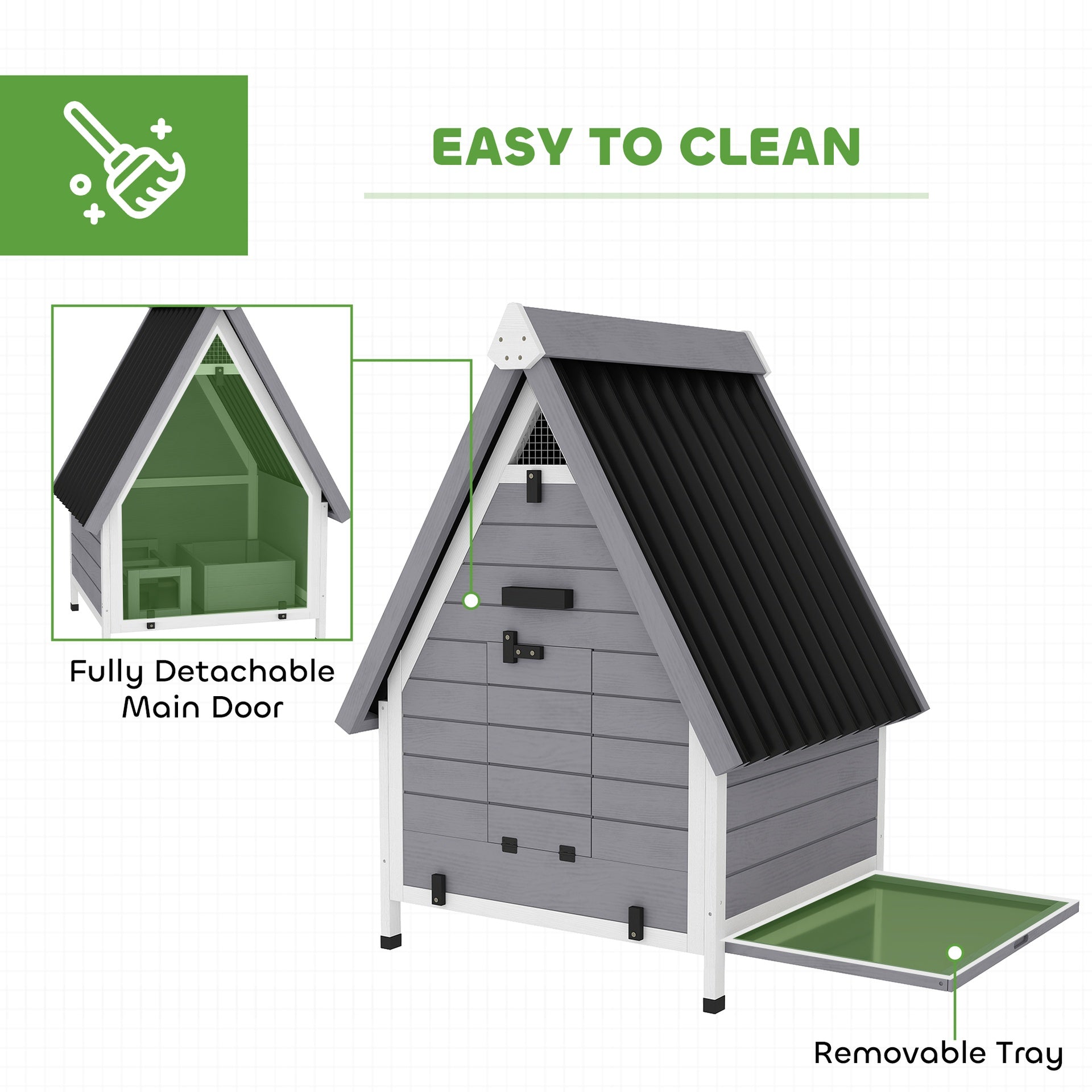 PawHut Chicken Coop for 2 Chickens, Outdoor Wooden Chicken House with Removable Nesting Box & Roosting Bar, Tray, Ramp