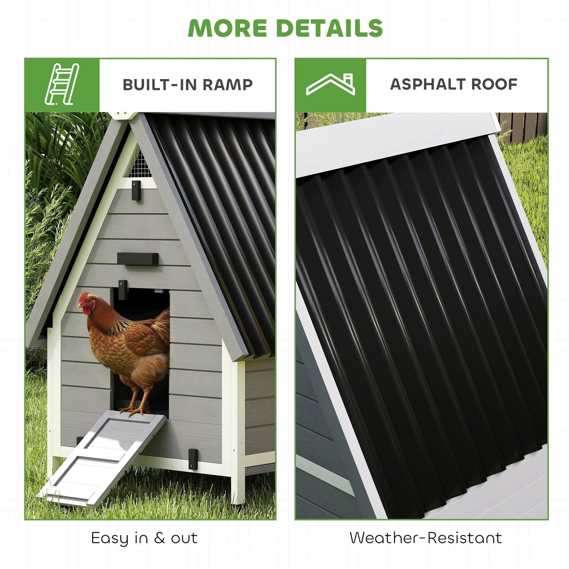 PawHut Chicken Coop for 2 Chickens, Outdoor Wooden Chicken House with Removable Nesting Box & Roosting Bar, Tray, Ramp