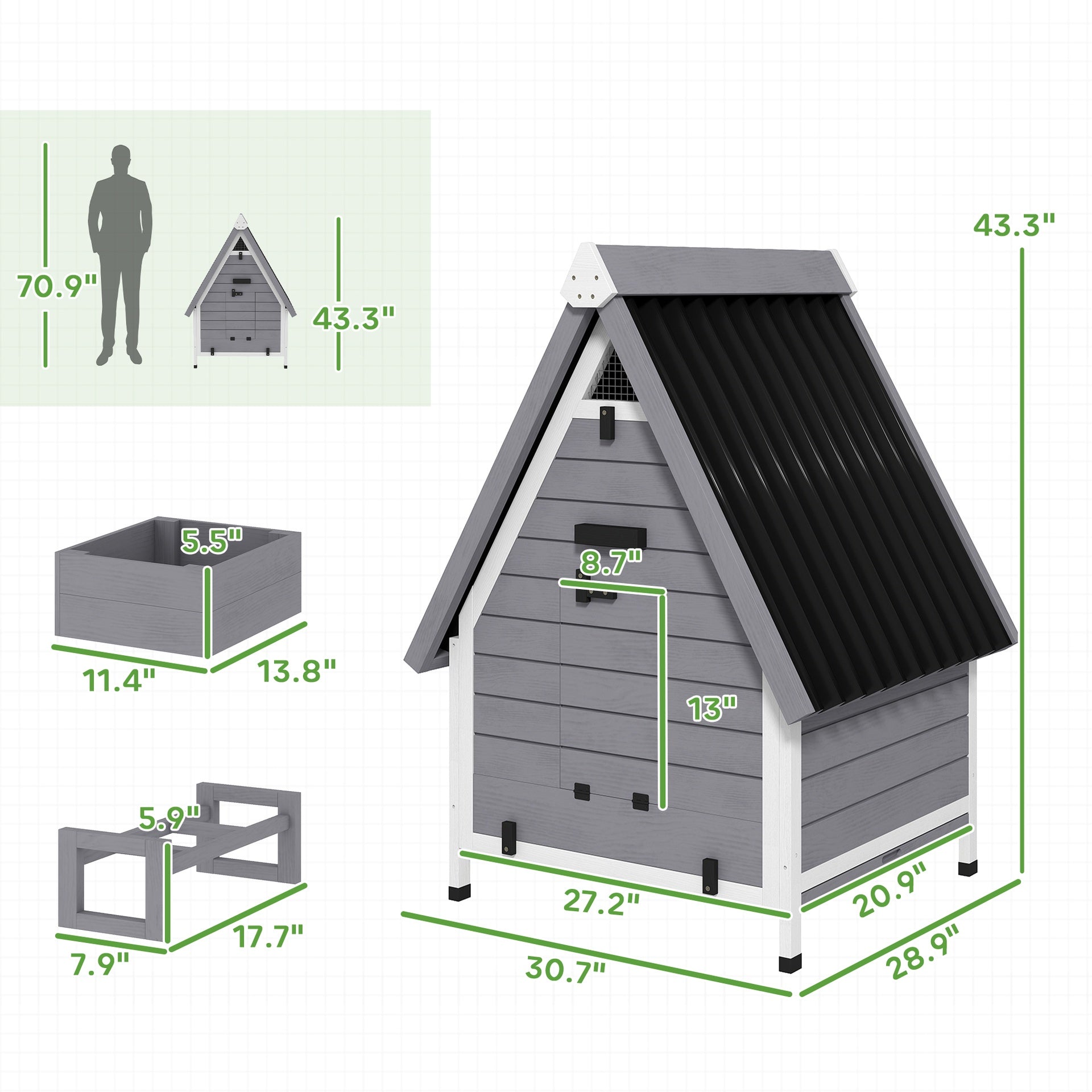 PawHut Chicken Coop for 2 Chickens, Outdoor Wooden Chicken House with Removable Nesting Box & Roosting Bar, Tray, Ramp