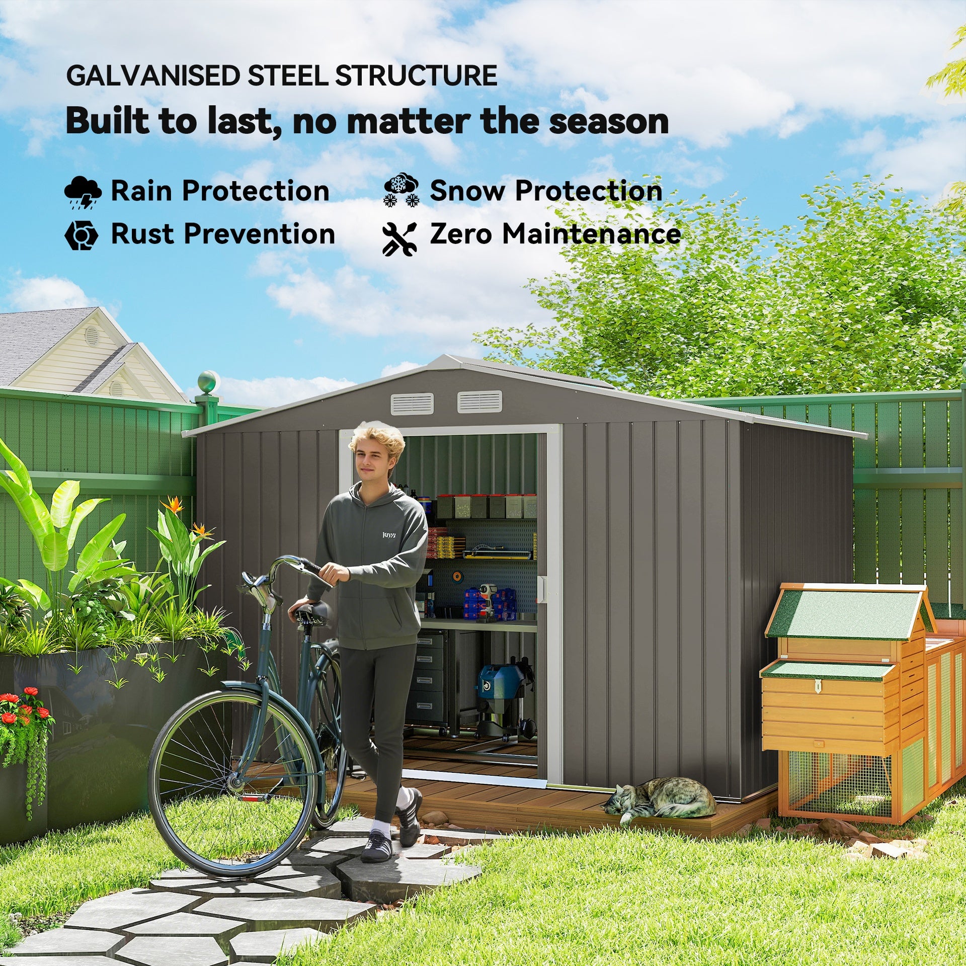 Outsunny 9' x 6' Outdoor Storage Shed, Garden Tool Metal Shed with Foundation Kit, Light Gray